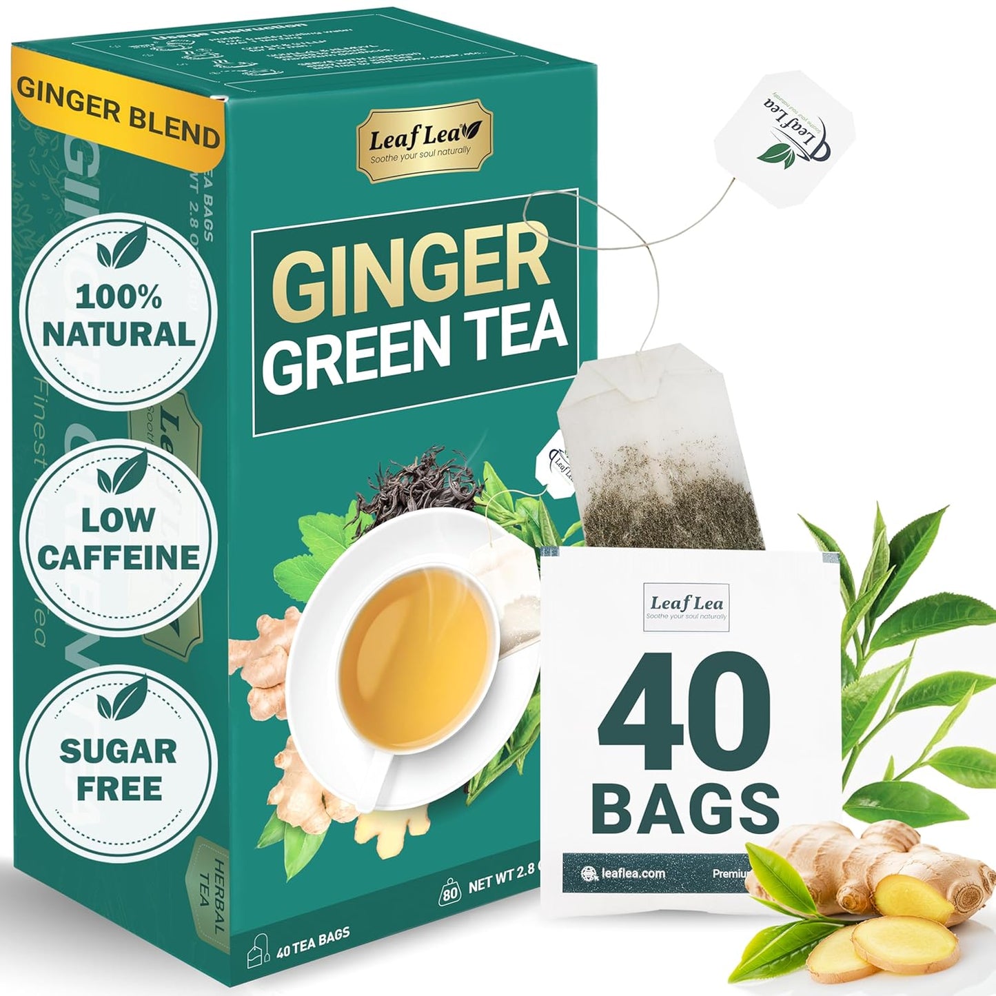 LeafLea Ginger Green Tea, 40 Individually Wrapped Tea Bags of Soothing Green Tea Blend with Natural Ginger Root, Sweetened with Stevia, Supports Digestion and Immunity, Low Caffeine, Sugar-Free
