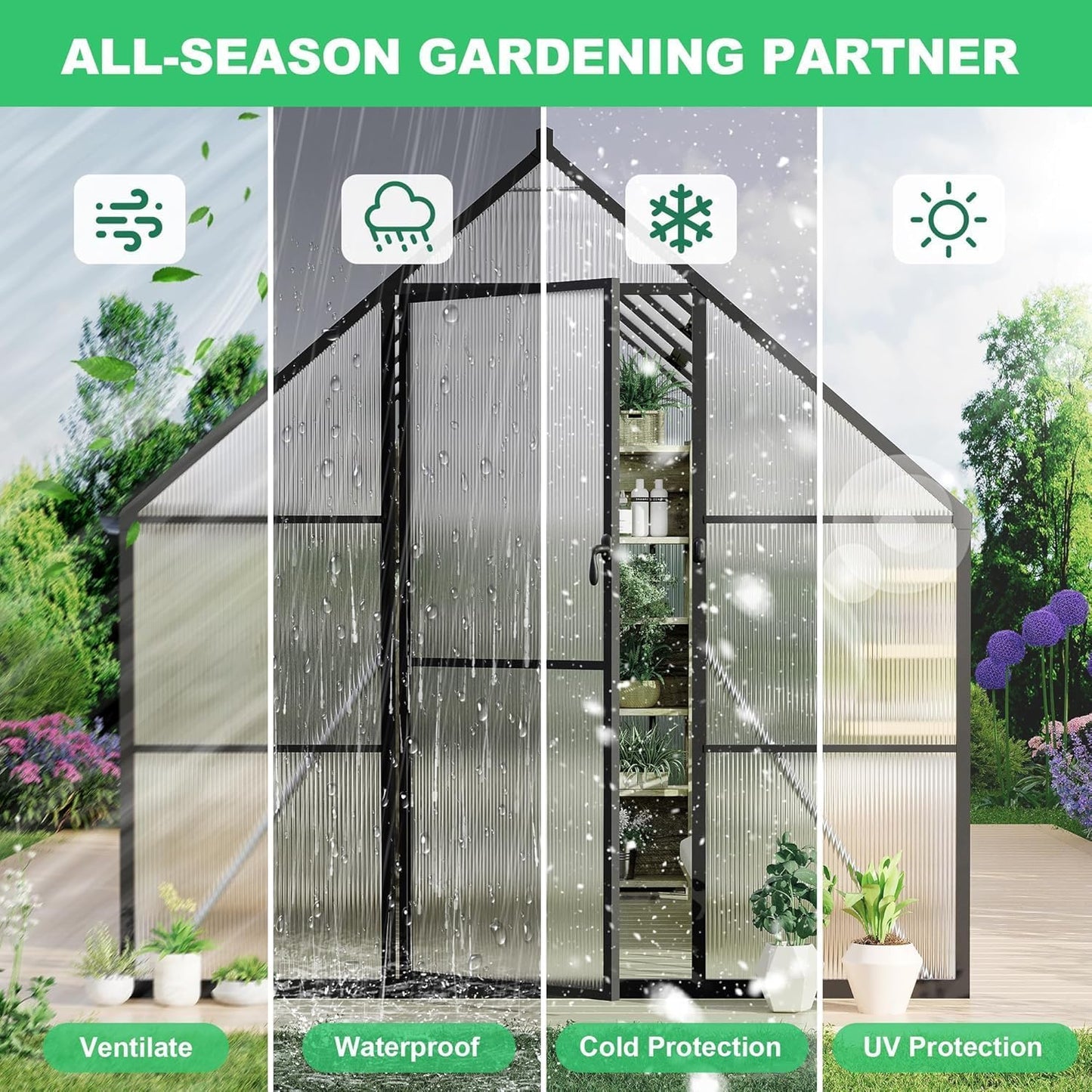 Greenhouse 6x11 FT Aluminum-Framed Heavy Duty Polycarbonate with Quick Setup Structure and Roof Vent Large Enhanced Outdoors Green House Kit