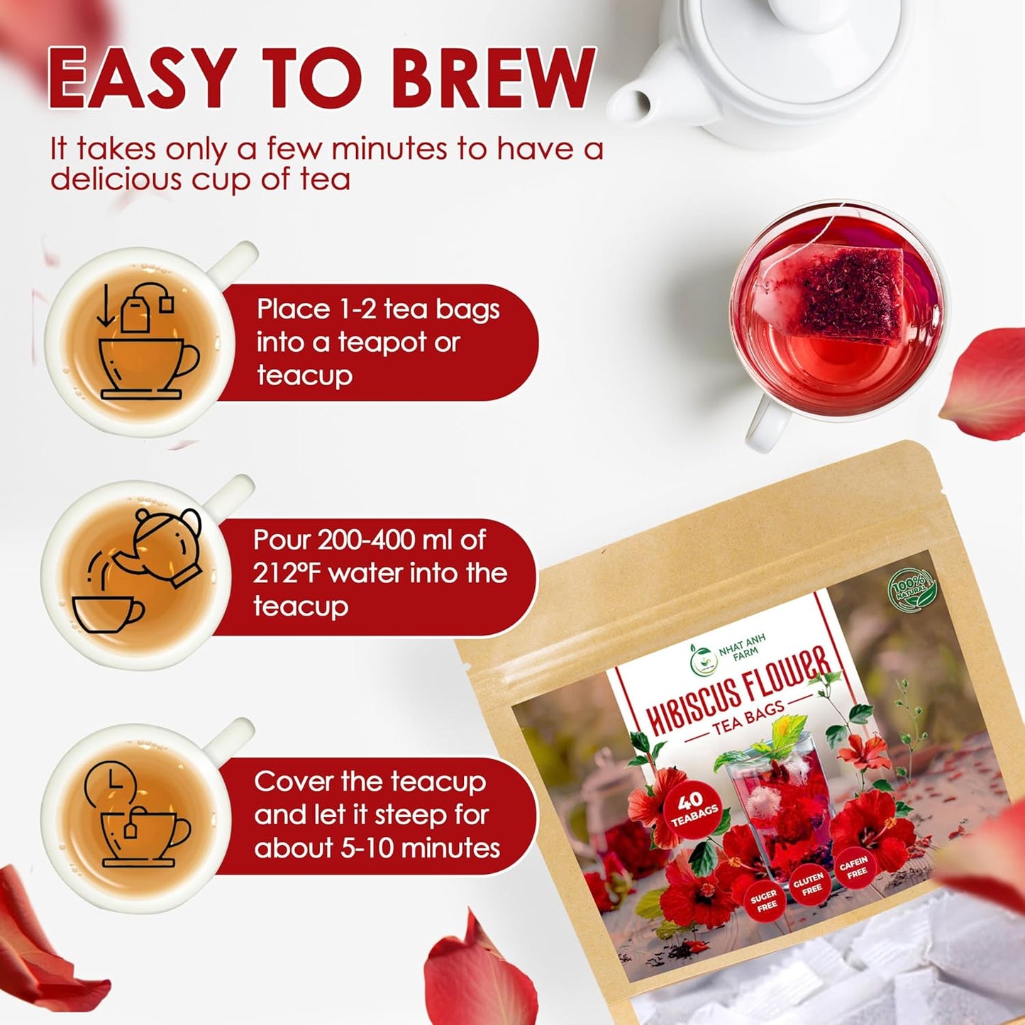 Premium Hibiscus Tea Bags - Dried Hibiscus Flower Tea Bags - 40 Teabags, 2.5g/bag), 100% Natural & Pure Hibiscus Flowers, Sugar/Caffeine/Gluten Free. Good For Your Health