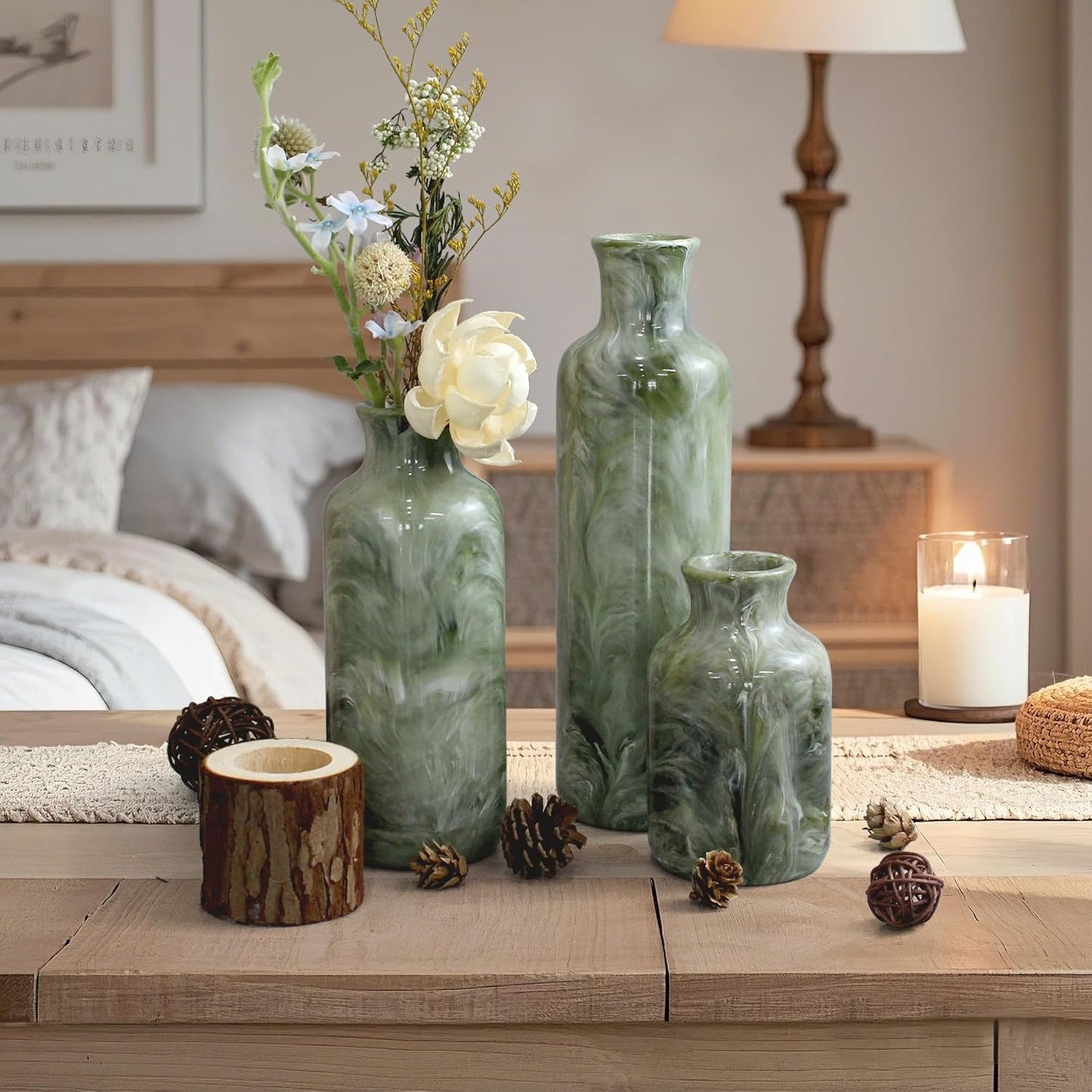 Resin 3 Piece Vase Set, Farmhouse Decor, Home Decorative Vase, Vases for Your Kitchen, Bedroom, Office, Living Room, Bathroom, & Shelf Centerpiece Table Decorations, Green