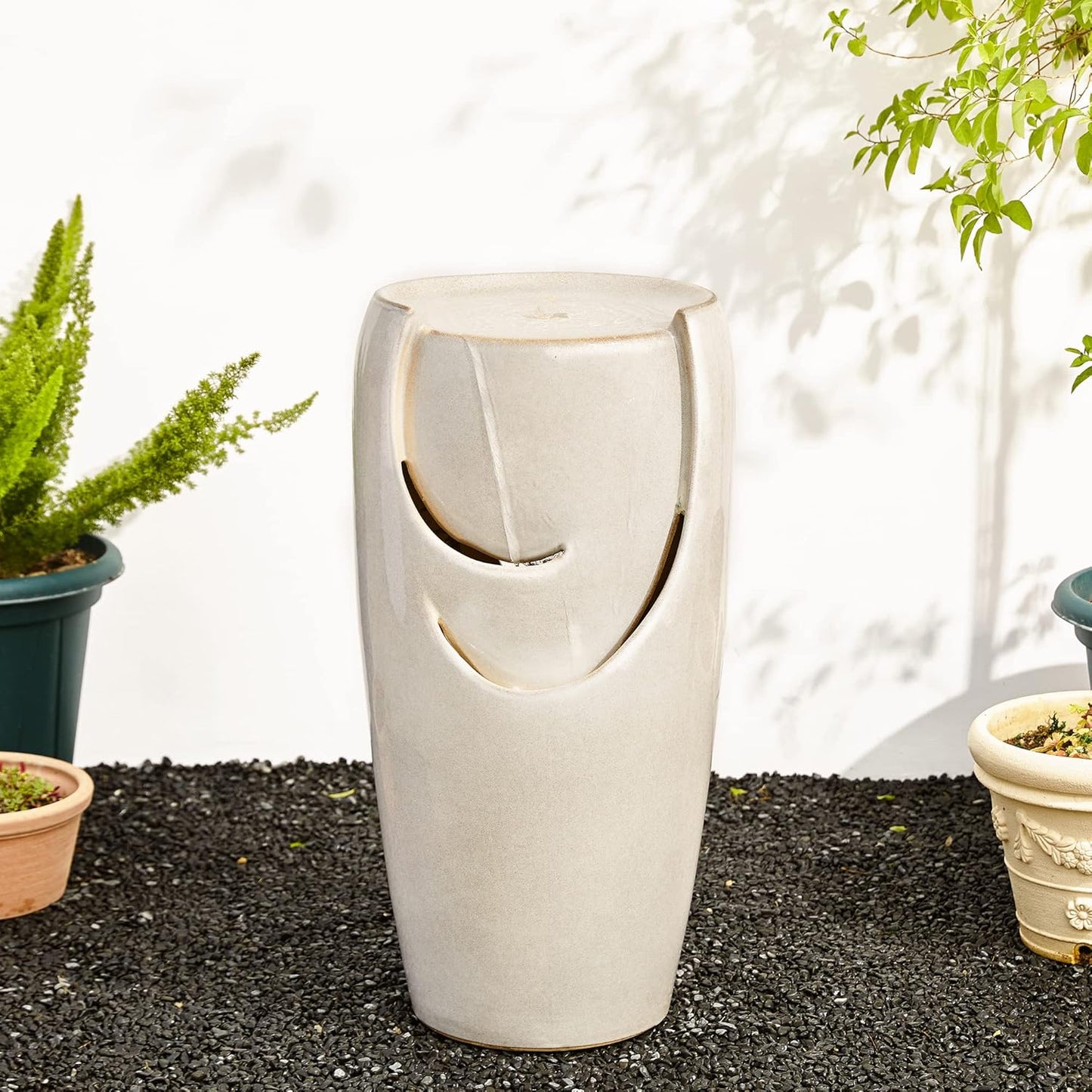 Glitzhome 29.25" H Oversized Ceramic Vase Outdoor Water Fountain Tall Patio Garden Water Fountain with LED Light and Submersible Pump Yard Art Decor, Sand Beige