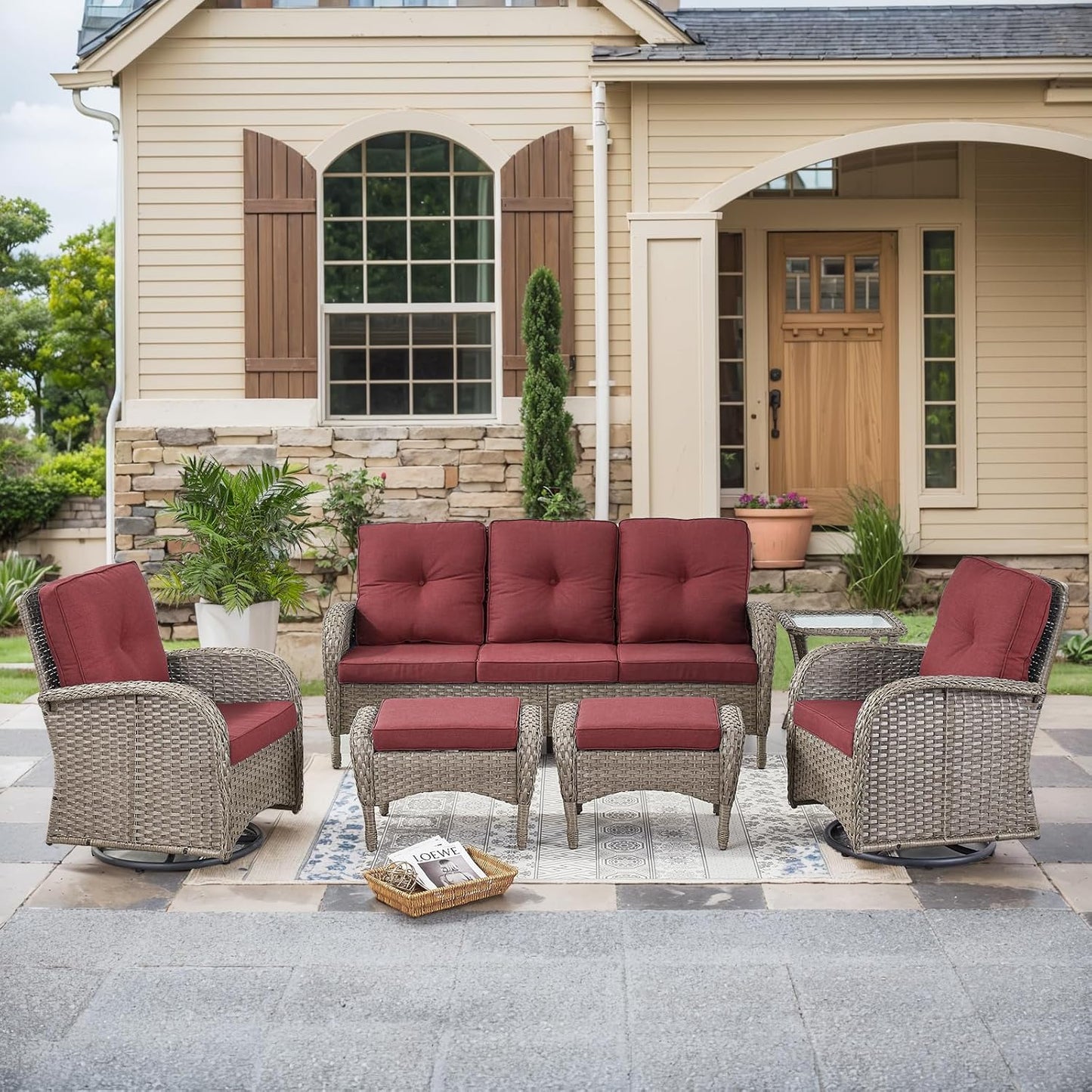 HUMMUH 6 Pieces Outdoor Patio Furniture-PE Rattan Wicker Sofa with Patio Swivel Rocking Chairs Patio Furniture for Deck Lawn Porch Balcony Poolside-Grey/Red