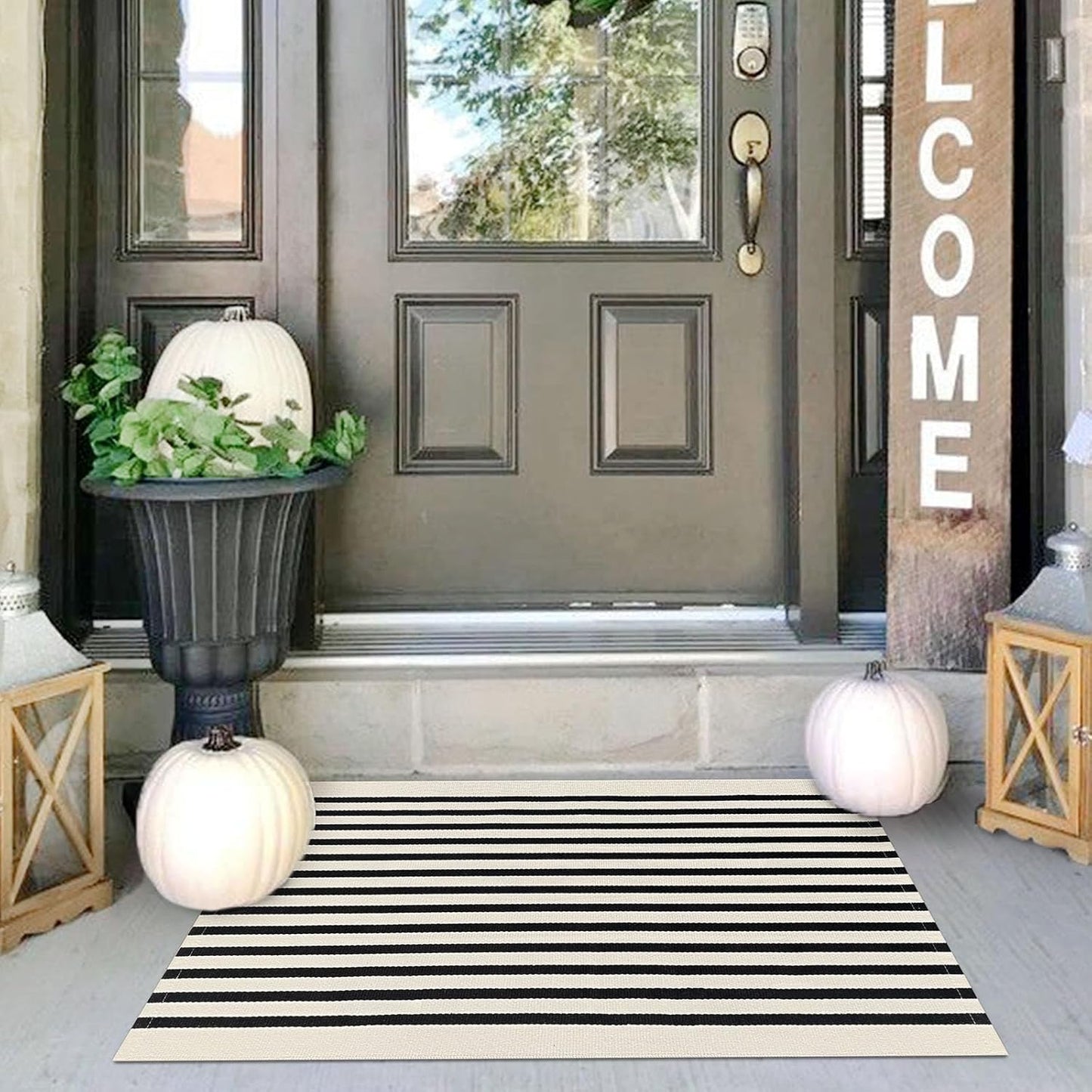 IOHOUZE Black Beige Striped Rug -2'x3' Front Door Rugs Outdoor, Small Washable Area Rug for Front Porch, Spring Summer Welcome Mats Outdoor Indoor, Doormat for Entryway Porch Entrance