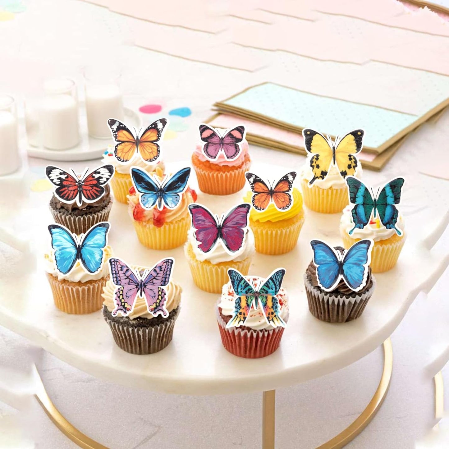 60 PCS Edible Butterfly Cupcake Toppers Wafer Paper Butterflies Cupcake Picks Butterfly Birthday Decorations for Edible Butterflies Theme Birthday Wedding Party Cake Decoration Supplies Colorful