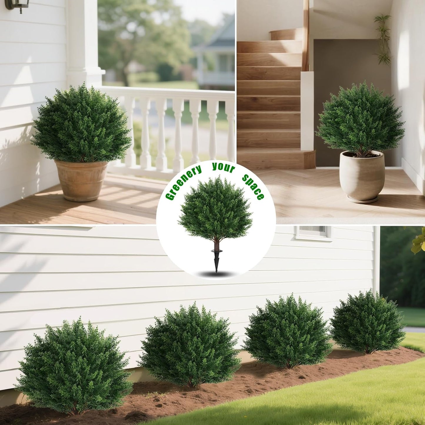 Artificial Set of 2 Cedar Topiary Ball Trees 16" for Outdoors with Ground Spike, UV Resistant Faux Cypress Plants, Evergreen Shrubs Bushes for Front Porch Garden Backyard Decor