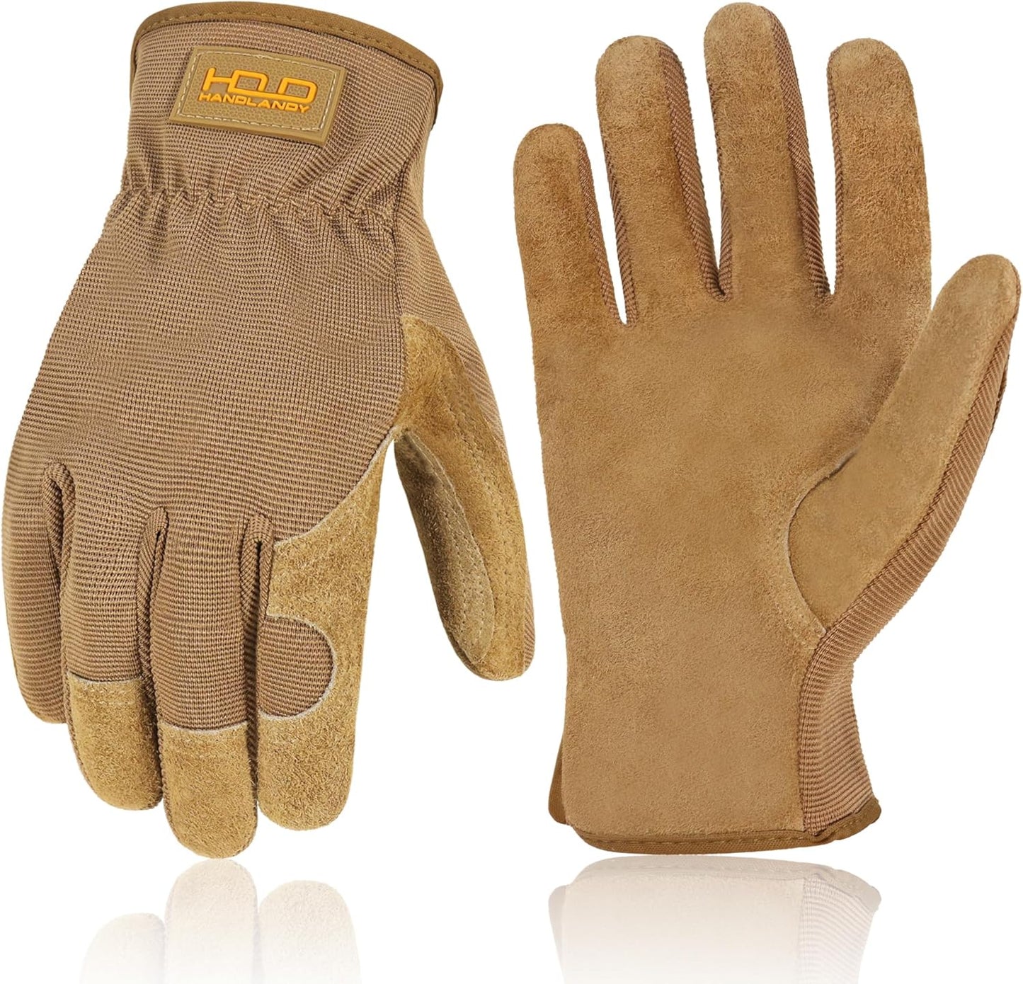 HANDLANDY Leather Work Gloves for Men & Women, Reinforced Durable Garden Gloves, Cowhide Working Glove for Gardening
