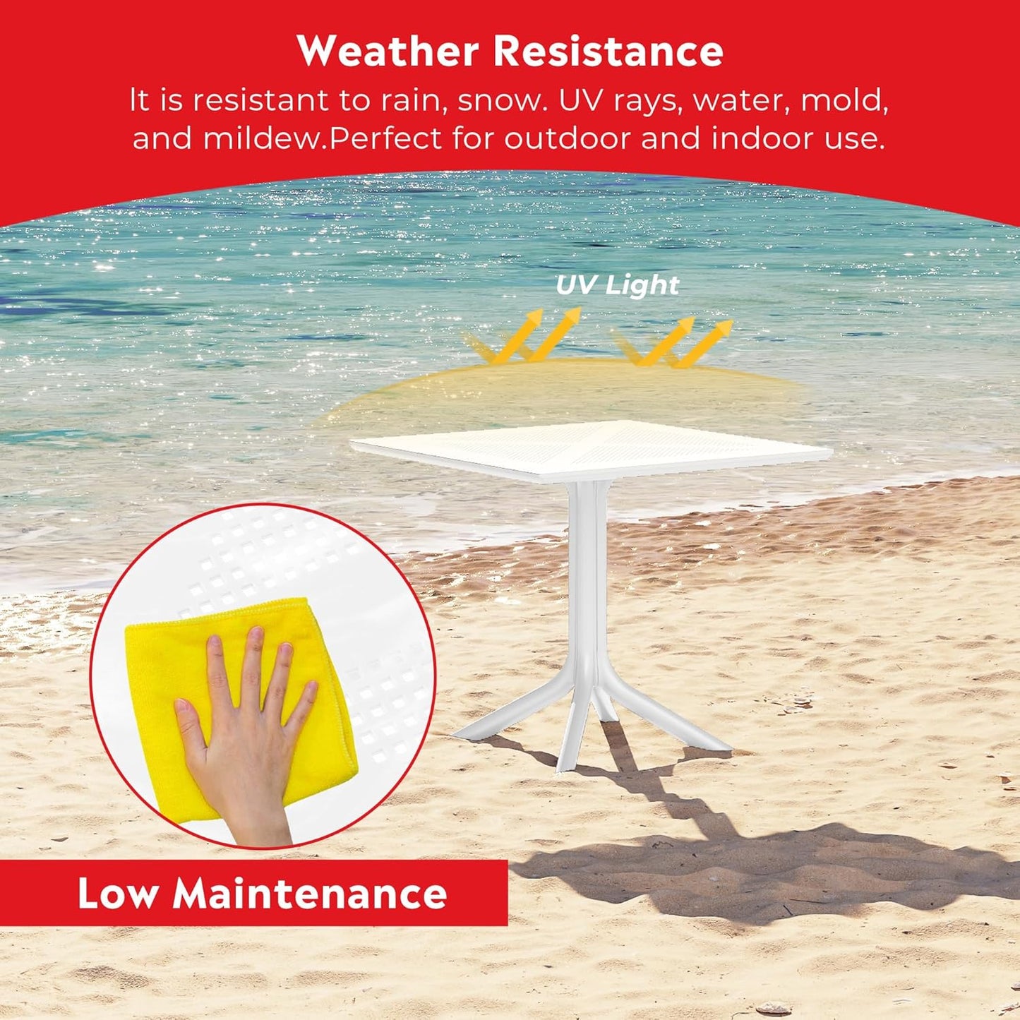 Breakfast Table Set for 4, HDPE Patio Square Dining Table and Stackable Chairs, Outdoor Small Patio Furniture Set All Weather for Backyard Porch Poolside, White