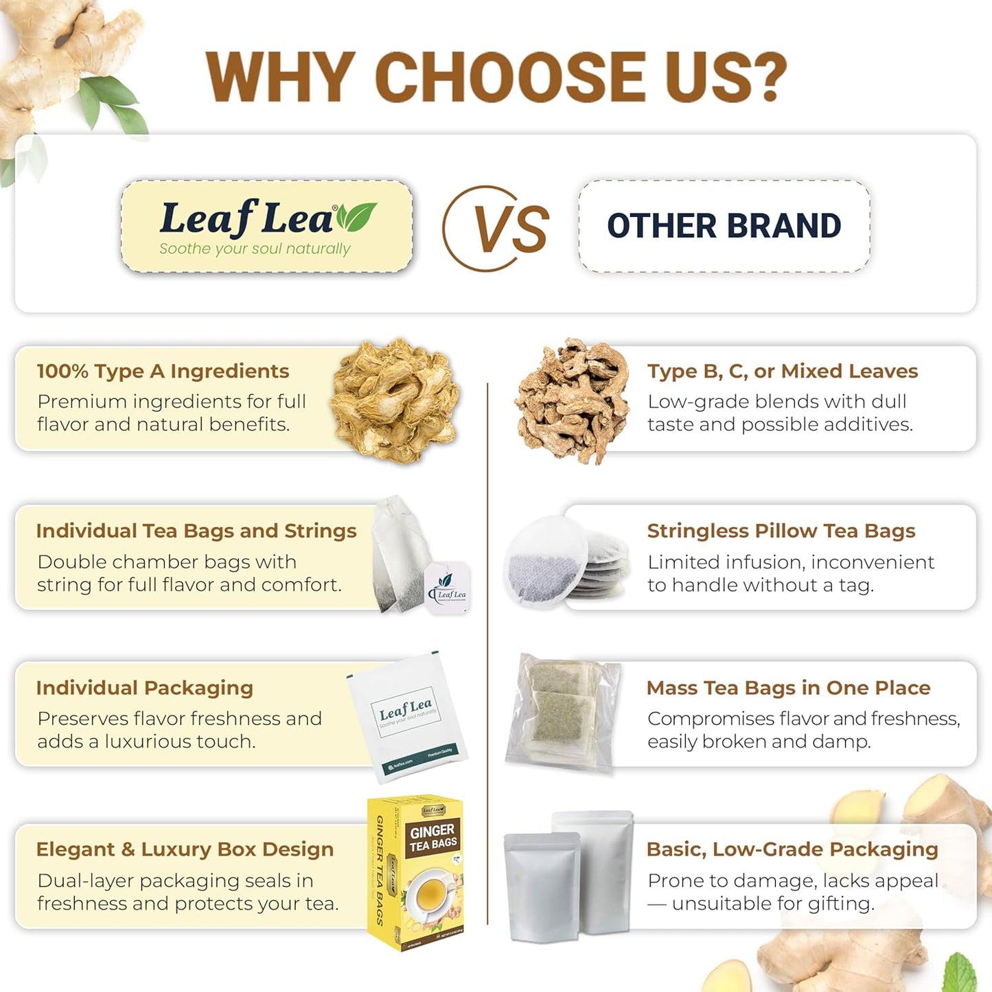 LeafLea 40 Ginger Tea Bags, 100% Pure & Natural from Dried Ginger Root Tea, Spicy & Comforting Herbal Tea Supports Digestion, Caffeine Free, Sugar Free, No Gluten, Non-GMO, Vegan