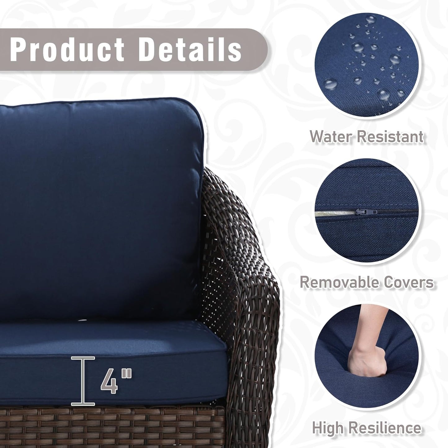 3 Piece Patio Wicker Conversation Set, All-Weather Use Outdoor Wicker Loveseat with 2 PE Rattan Chair, Ideal for Porch, Backyard, Balcony, Poolside, Blue