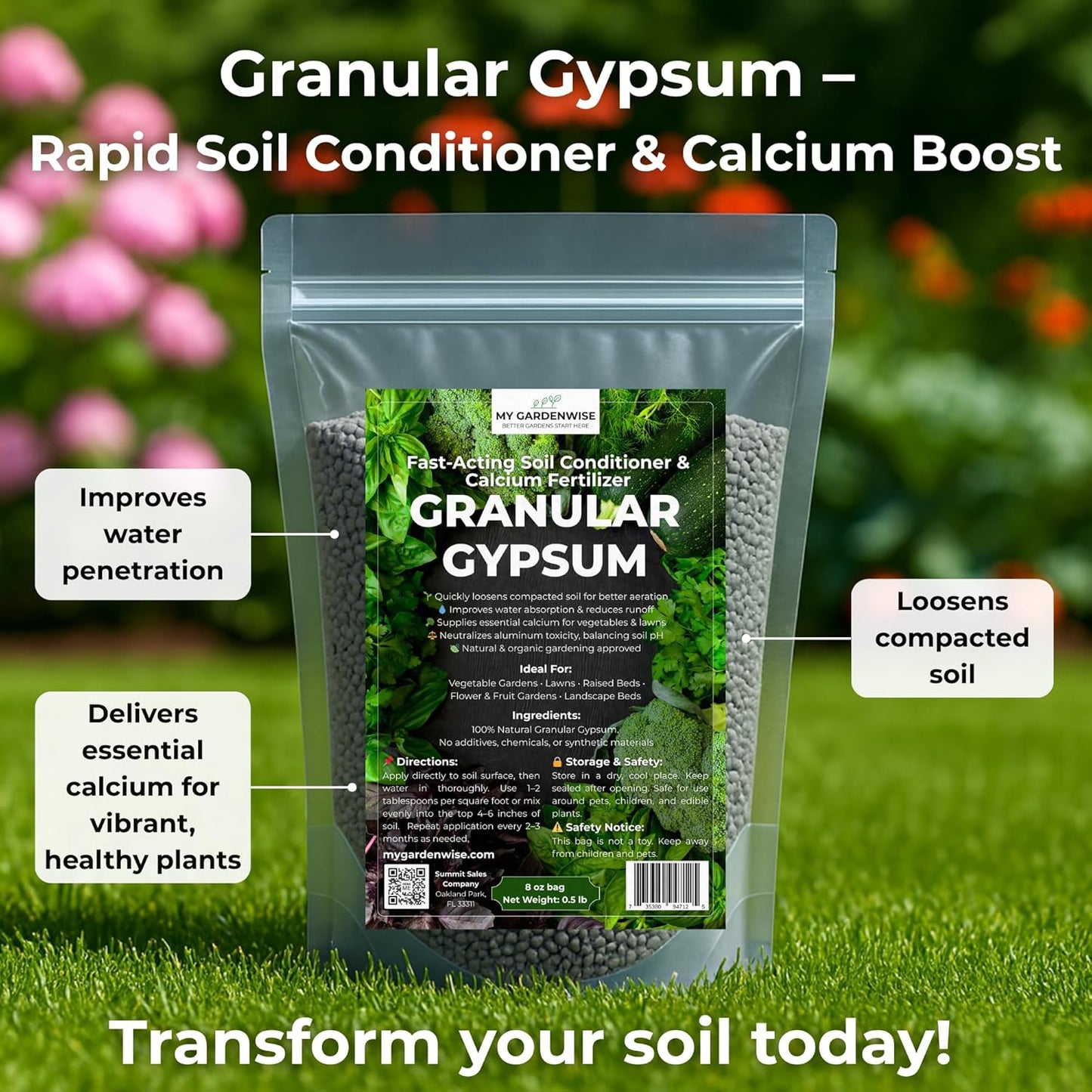 Gypsum for Soil - Calcium for Plants - Gypsum Fertilizer for Gardening, Lawn & Vegetables - Calcium for Garden (12 oz - 0.75 lb.)