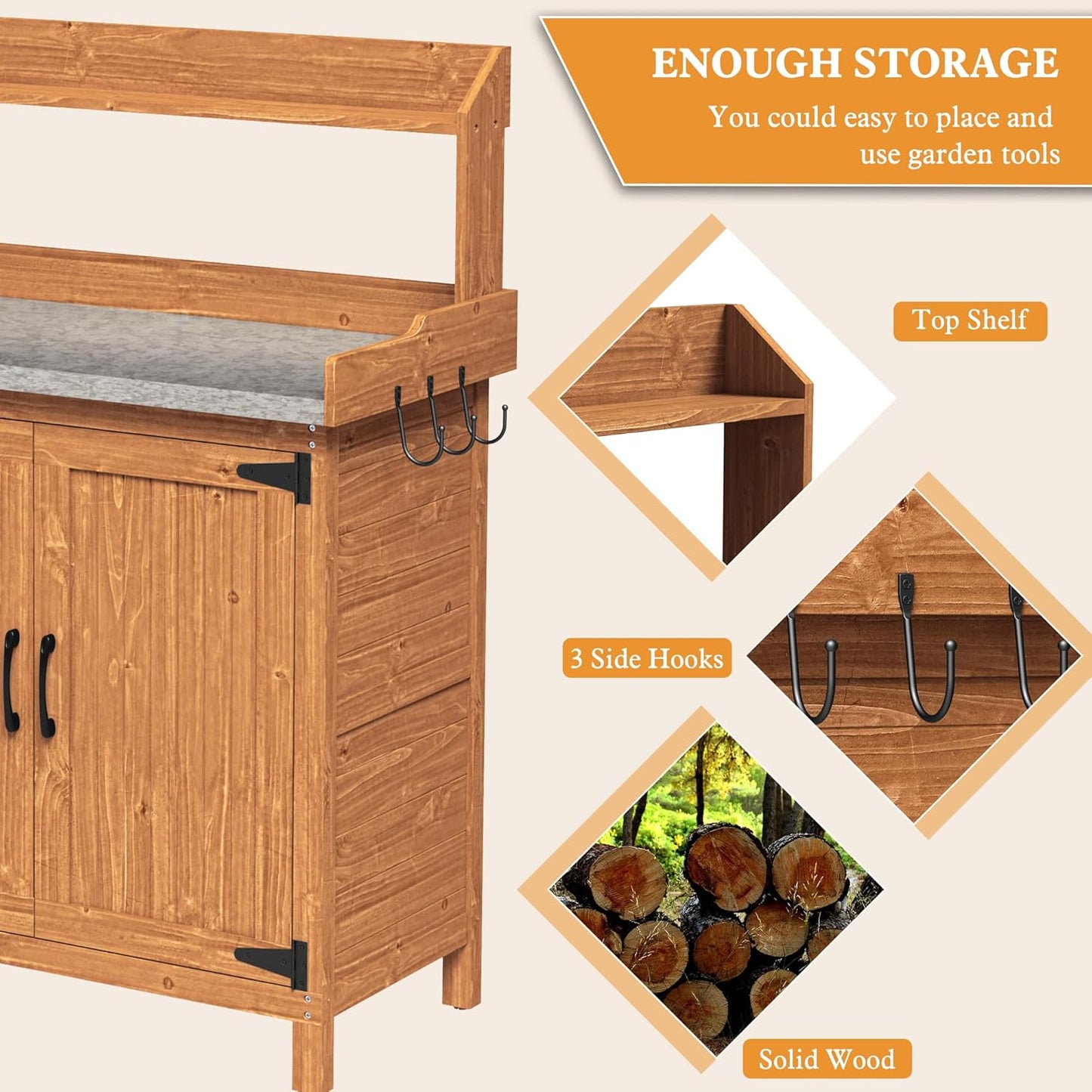 Outdoor Potting Bench with Storage, Wooden Garden Potting Table with Metal Tabletop and Removable Shelf, Potting Work Bench Station for Garden, Patio, Backyard