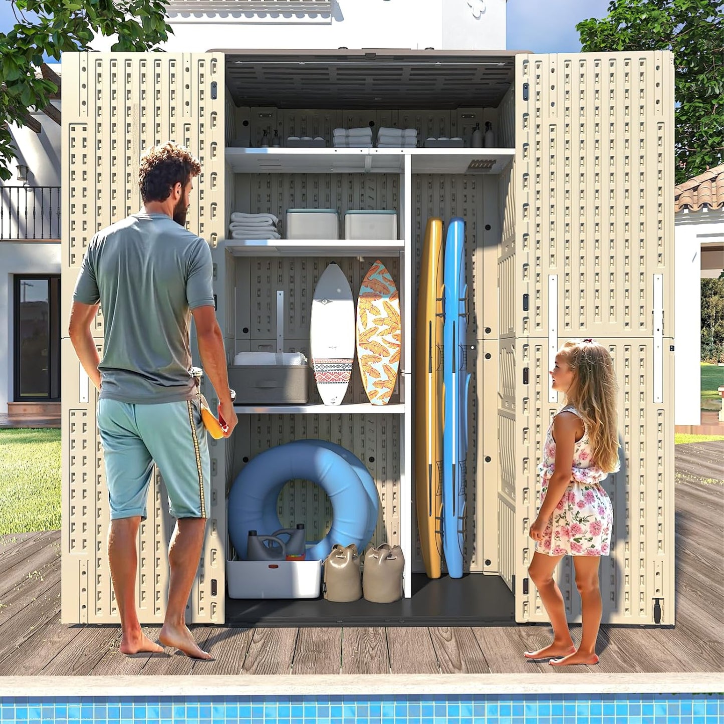 60 Cu.Ft Vertical Outdoor Storage Shed, All-Weather Resin Storage Cabinet Waterproof with Lockable Floor, Tall Backyard Shed for Patio Furniture, Garage, Garden, Pool Accessories, Porch (Khaki)