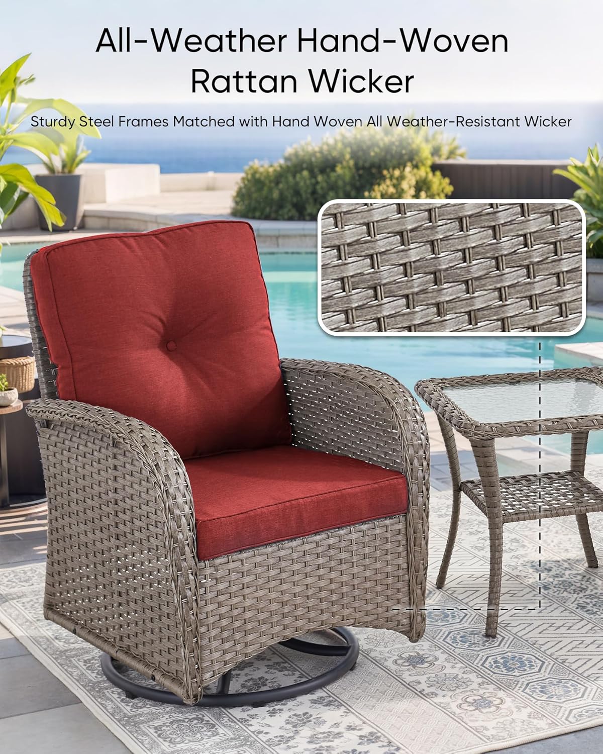 HUMMUH 3 Piece Outdoor Rocking Chairs Bistro Set-All Weather Wicker Outdoor Swivel Chairs Set of 2 with Side Table Small Patio Furniture Set for Deck Lawn Porch Balcony Poolside-Grey/Red