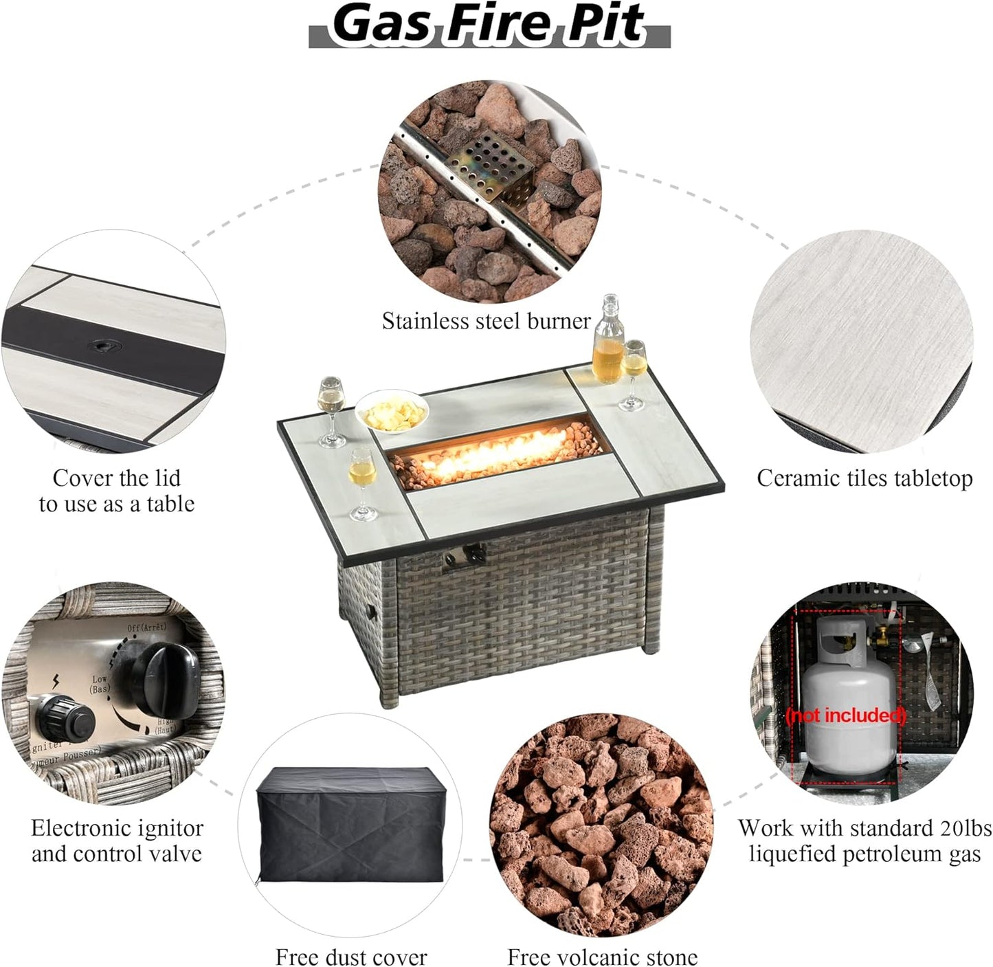HOOOWOOO 13 Piece Modular Patio Outdoor Sectional Furniture Set with Gas Propane Fire Pit Table,Wicker Conversation Sofa Set,Out Door Couch Set with Wide Arm Outside(Dark Grey)