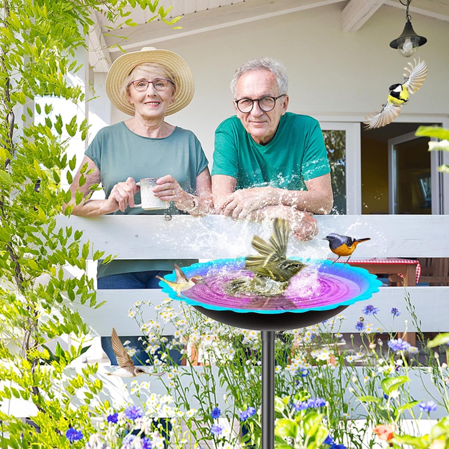 MeyRoliz Metal Bird Bath for Outside, Detachable Birdbath Birdfeeder Bowl, Freestanding Birdfeeders Bird Bath Bowl for Garden (Blue-Purple)