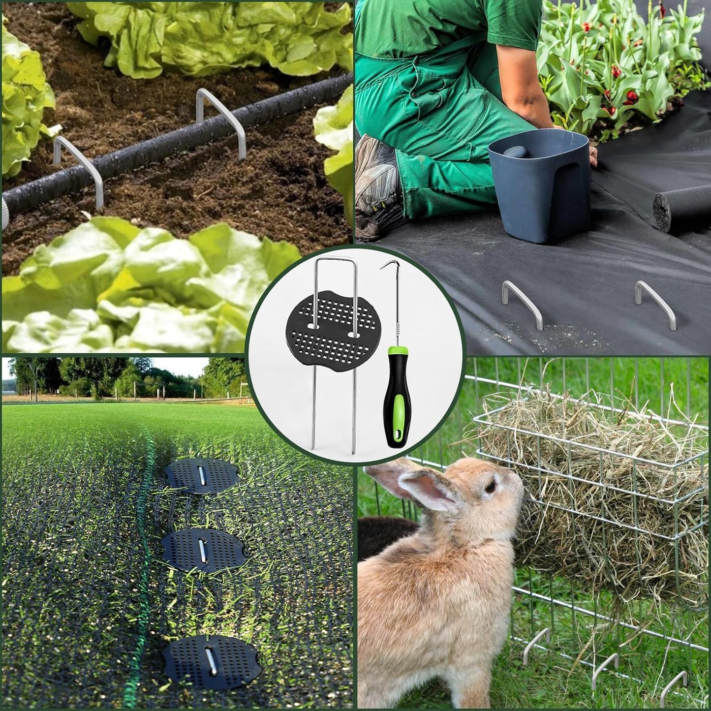 FEED GARDEN 6 Inch 50 Pcs Galvanized Landscape Staples 50 Pcs Gaskets Pick Hook Garden Stakes 11 Gauge Anti-Rust Landscaping Fabric SOD Pins U Shaped Yard Turf Stakes for Weed Barrier Fabric