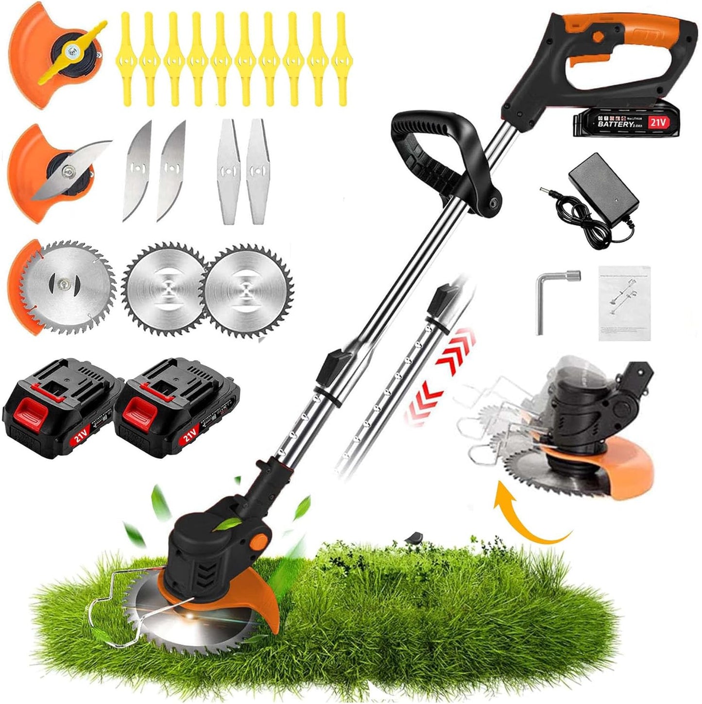 Electric Weed Wacker Lightweight 21V with 2 Li-ion Batteries Cordless Weed Wacker 1 Charger and 16 Blades, for Yard, Lawn, Garden, Shrub Trimming (Black)