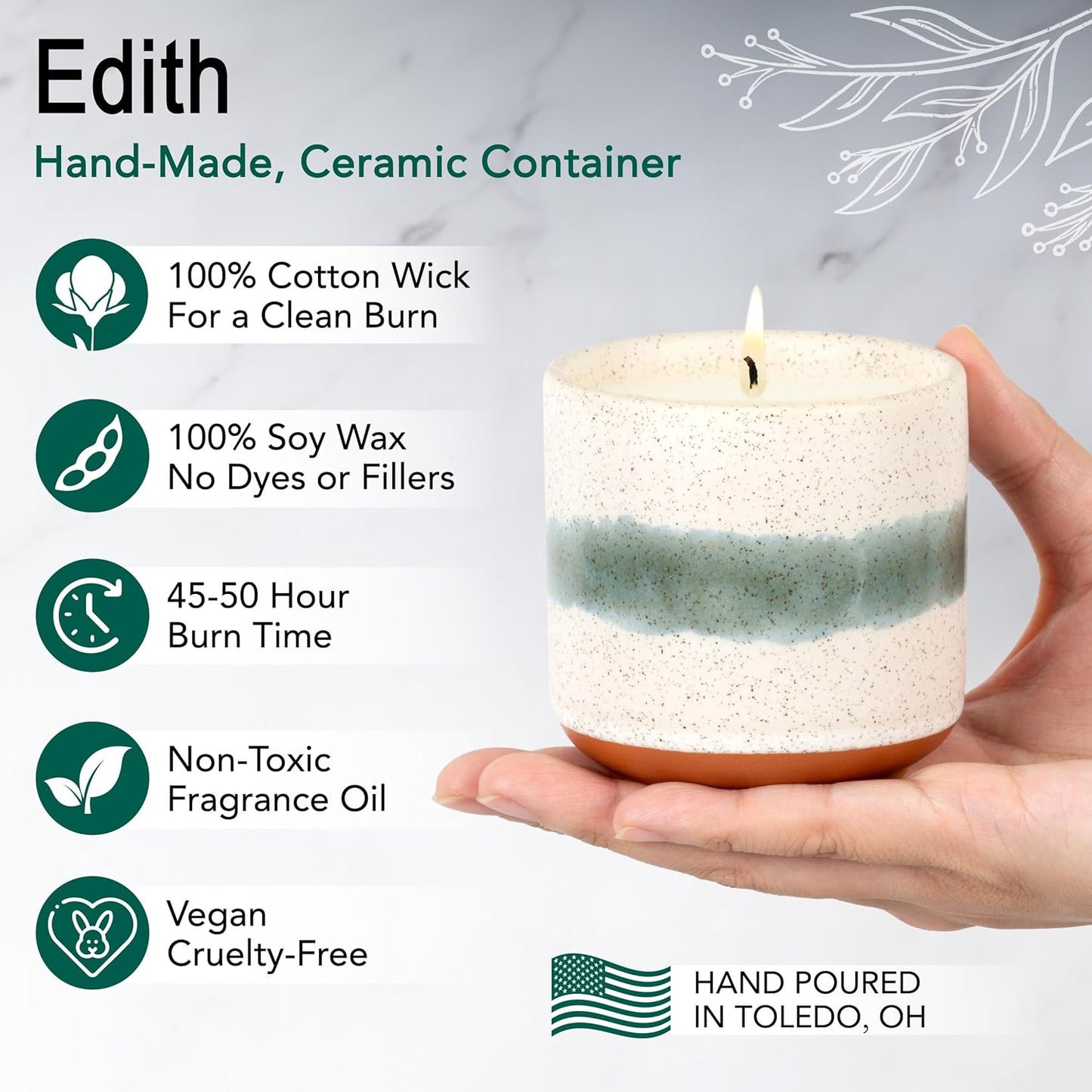 The Growing Candle, Mint & Eucalyptus Scented, 8.5oz Ceramic Pot, Aromatherapy Candles, 100% Soy, Edith