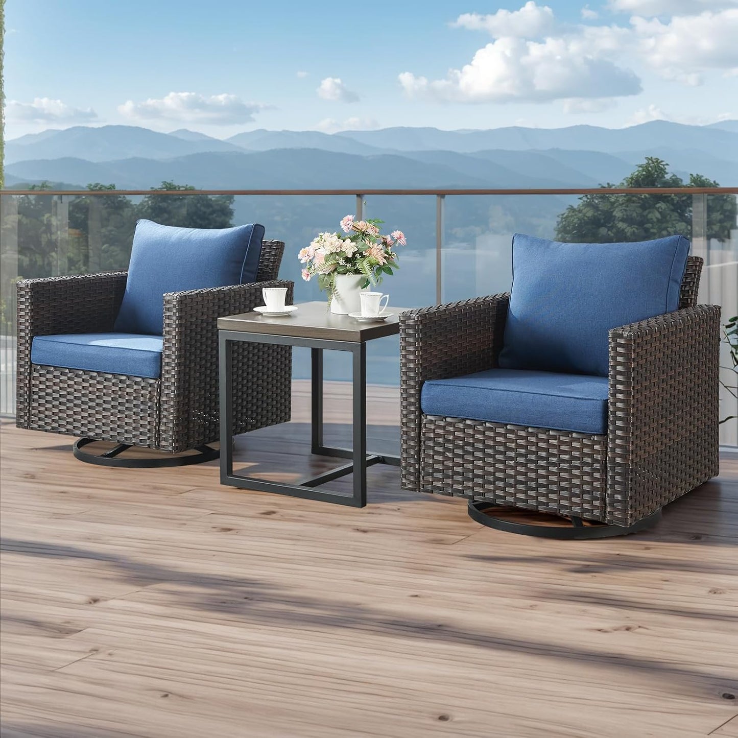 HUMMUH 7 Piece Patio Furniture Set Outdoor Sectional Sofa,High Back Patio Swivel Rocker Chairs with Ottomans Coffee Table for Porch,Garden,Backyard(Brown/Blue)
