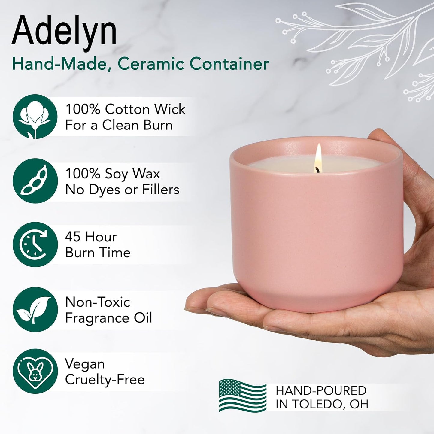 The Growing Candle, Lemongrass Scented, 8oz Ceramic Pot, Single Wick Aromatherapy Candles, 100% Soy for Women and Men, Adelyn