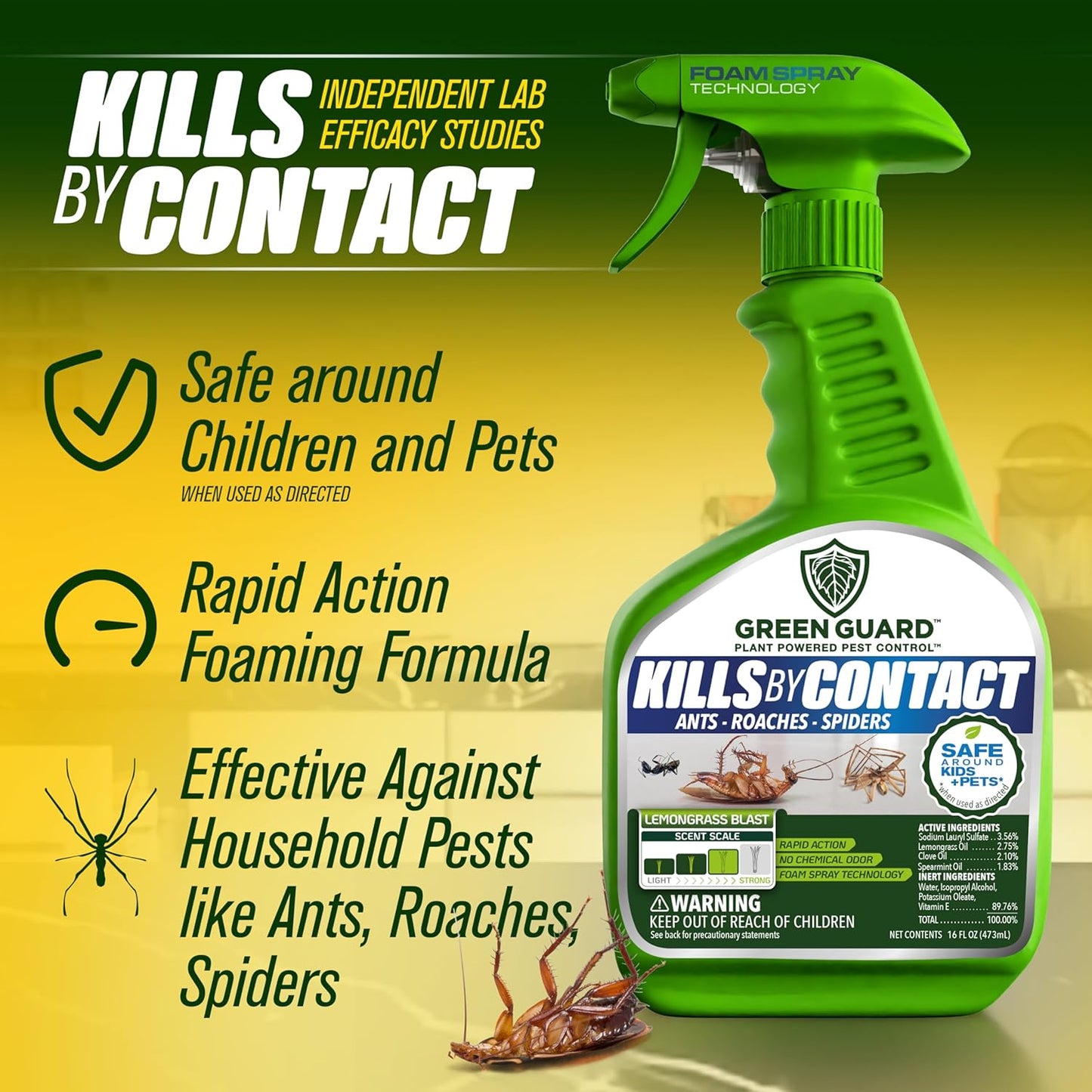 Green Guard Pest Control Spray - Indoor & Outdoor Killer of Ants, Roaches, Spiders & Other Crawling Insects, Safe Around Children & Pets, Plant-Based, Pleasant Scent (Lemongrass Blast, 16oz)
