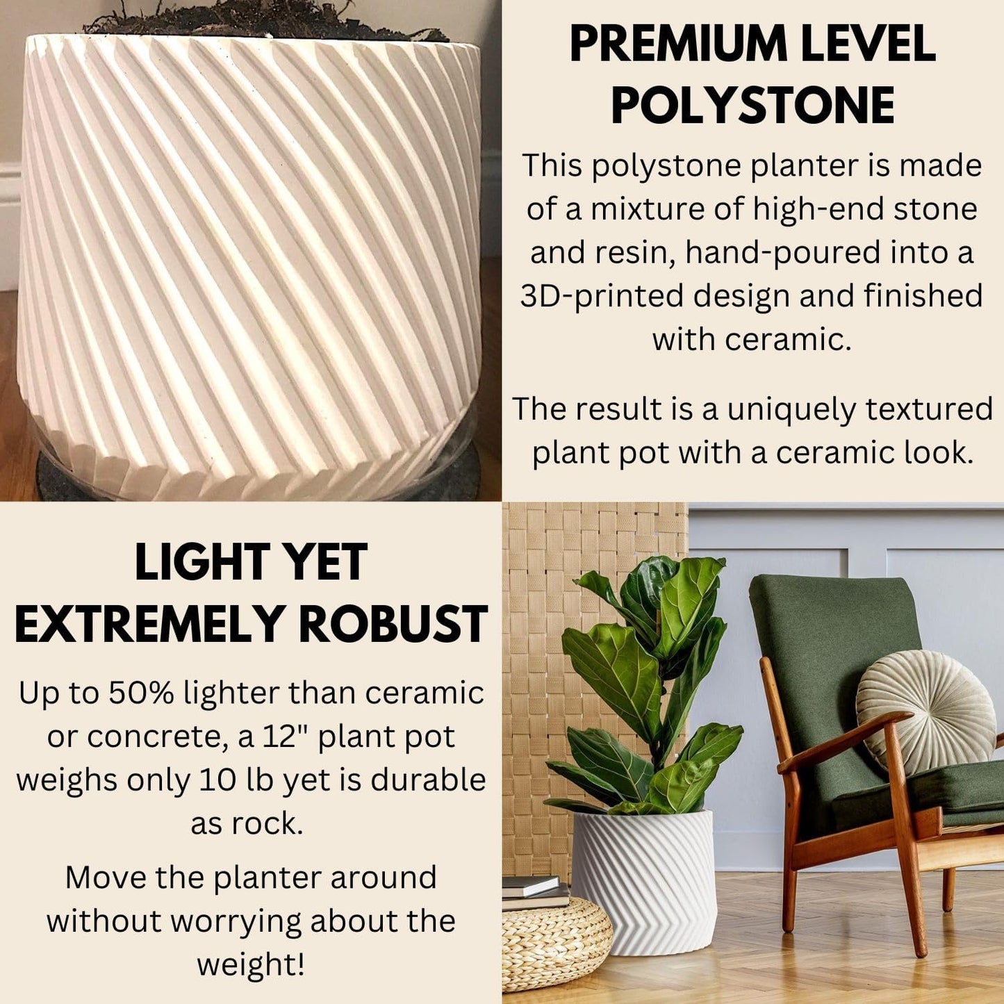 Fox & Fern Large 12 Inch Planter with Drainage Plug — Premium Polystone White Plant Pot; Modern Planter with 3D Texture and Ceramic Finish; 12 Inch Pots for Plants Indoor & Outdoor