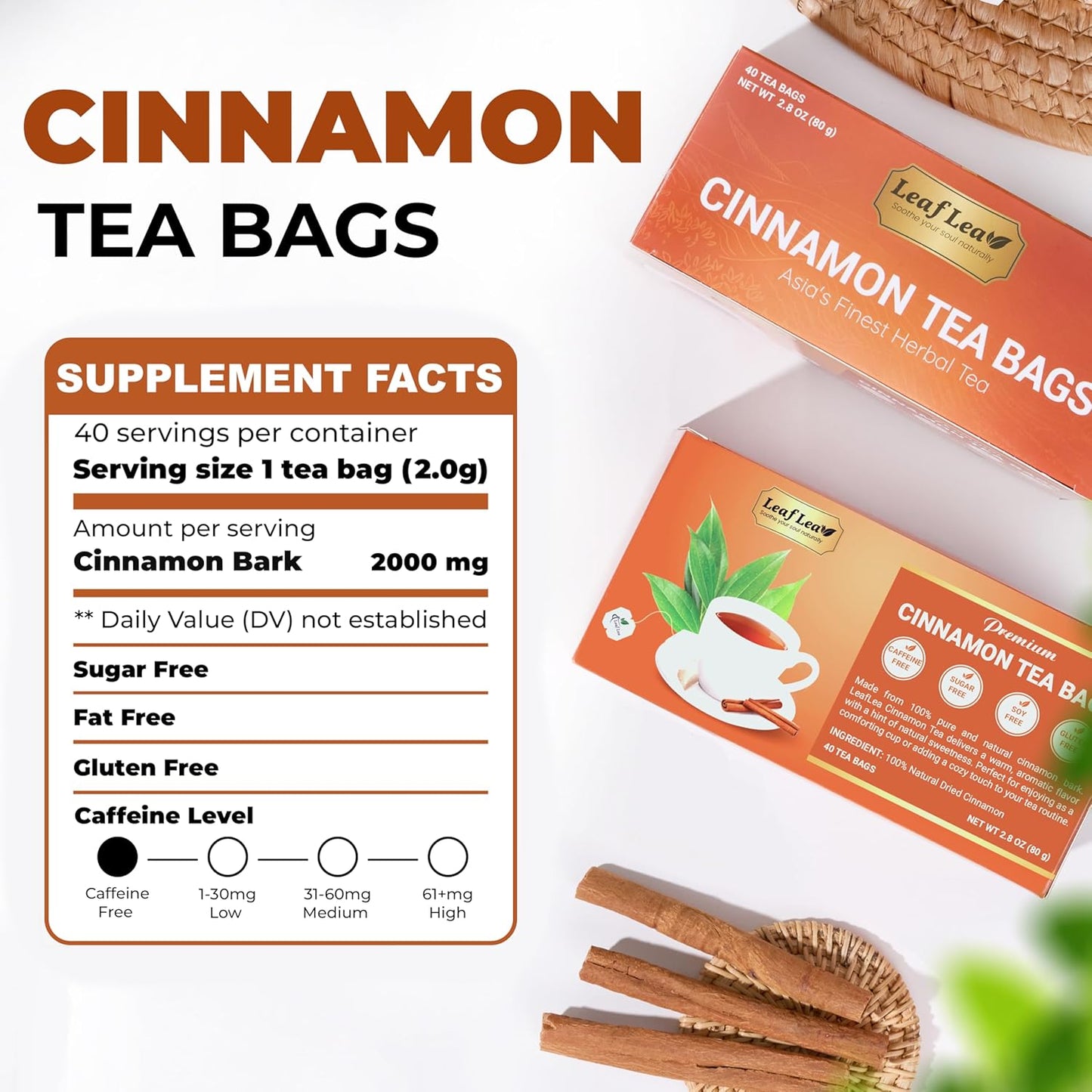 LeafLea 40 Cinnamon Tea Bags, 100% Natural Ground Cinnamon Stick Herbal Tea, Spiced and Warming Flavor for Relaxation, Caffeine-Free, Sugar-Free, Non-GMO, Vegan