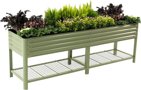 Elevated Raised Garden Bed-V Series, 2' x 8' Garden Beds with Legs & Storage Rack for Patio Porch, 1400 Lbs Weight Capacity, Outdoor Planter Boxes for Gardening Herbs Vegetables Flowers, Olive Green