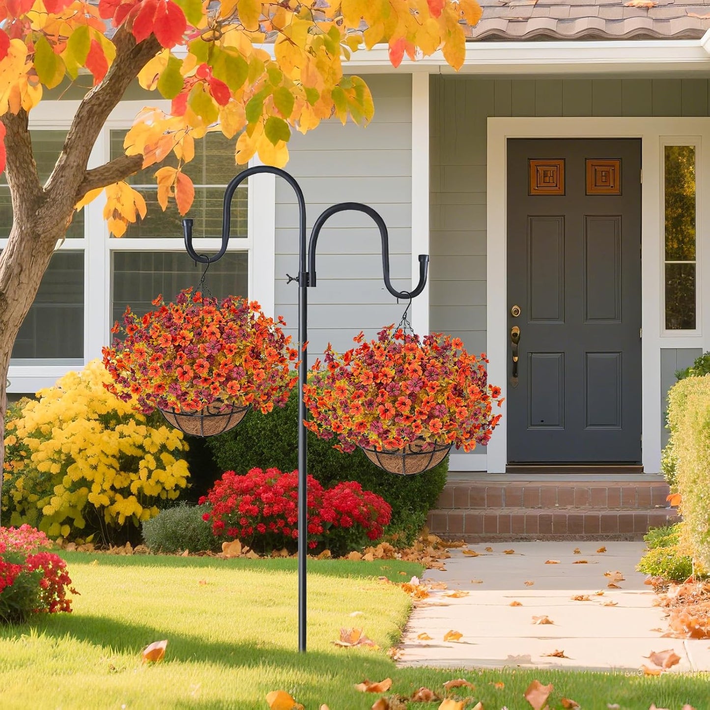 2 Pack Fall Artificial Hanging Flowers Baskets for Outdoors, UV Resistant Fake Fall Hanging Plants, Faux Orange Flowers for Autumn Patio Front Porch Balcony Decor (Orange Red)