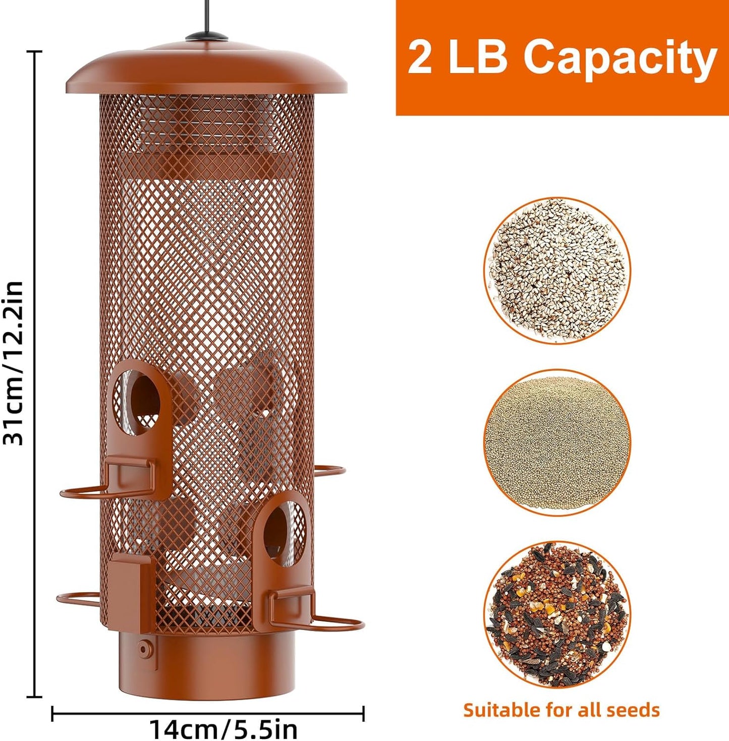 Metal Squirrel Proof Bird Feeder,Bird Feeders for Outdoors,Weight Activated Squirrel Proof Wild Bird Feeders with Finch Cardinal Chickadee,Large Capacity,Weatherproof and Durable,Reddish Brown