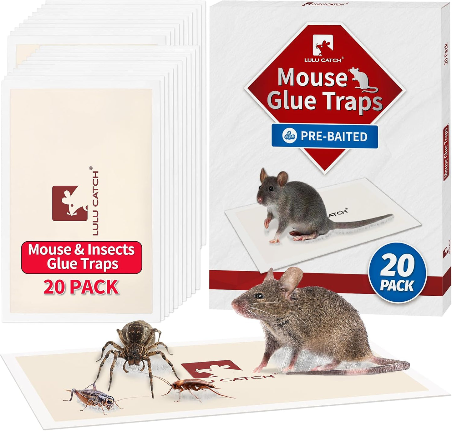 LULUCATCH Mouse Traps, 20 Pack Pre-Baited Sticky Mouse Traps Indoor for Home, Non-Toxic Bulk Sticky Pads, Glue Traps for Rats, Bugs, Spider, Mice, Cockroach, Pet Safe Pest Control