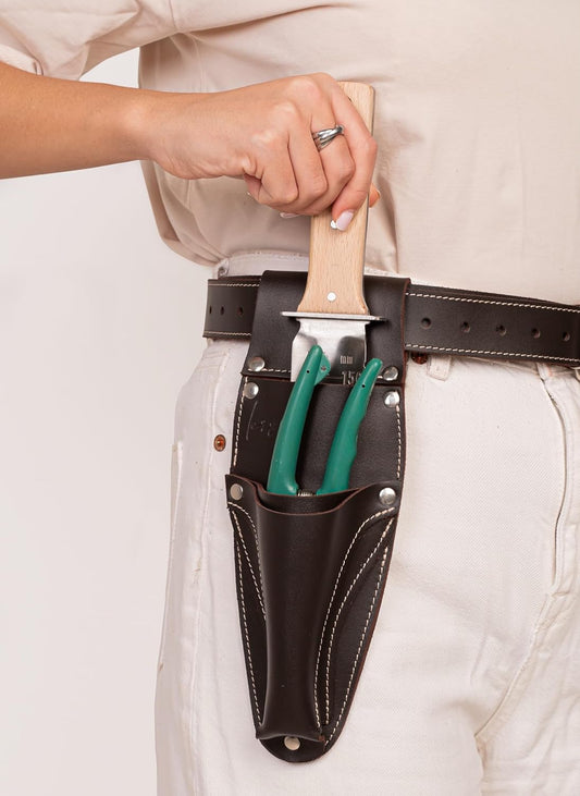 Hori Hori Leather Sheath Belt with Pruner and Scissor Pockets. Personalized Florist Tool Belt Leather, Gardening Belt with Pockets. (Dark Brown, One Size - Adjustable)