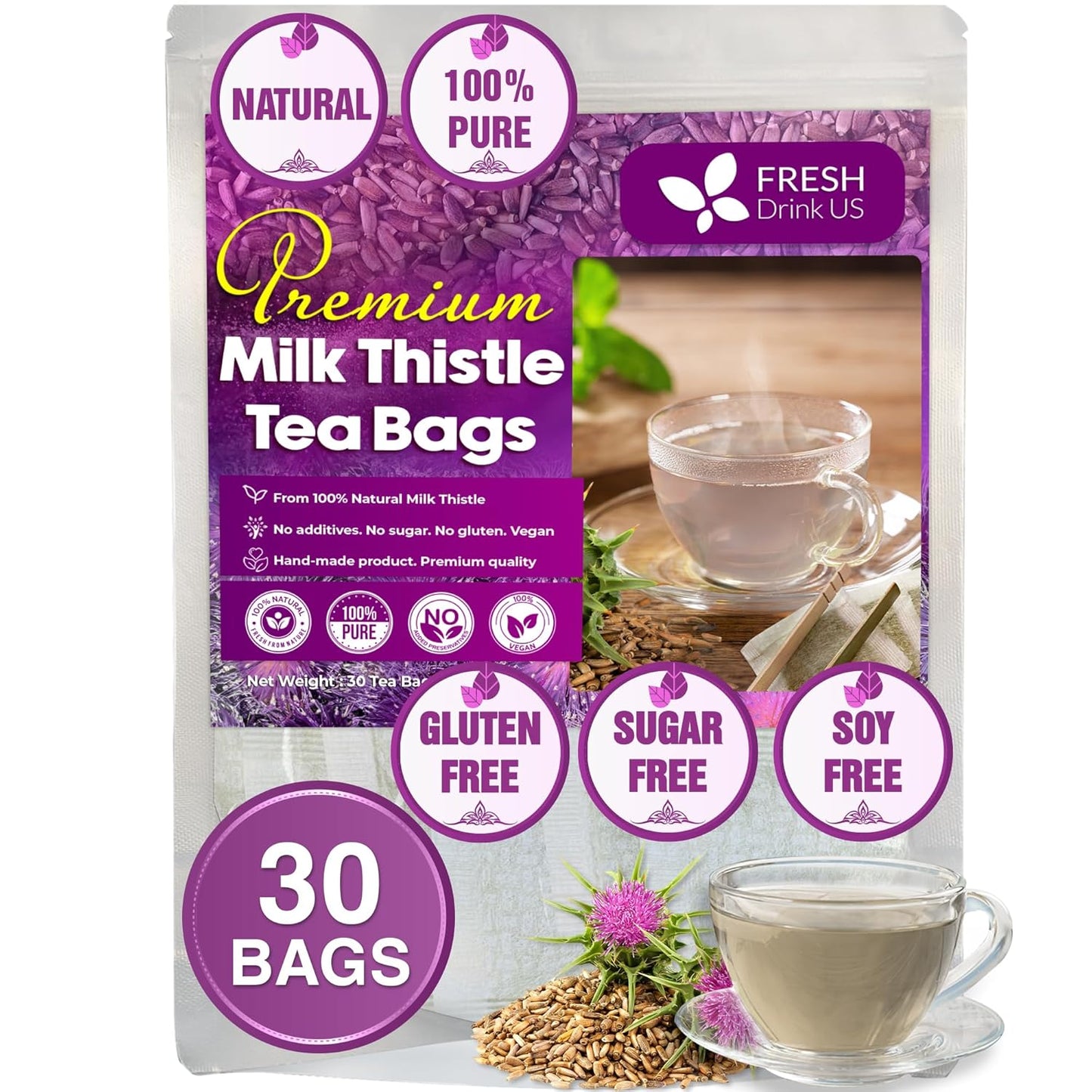 FreshDrinkUS, Premium 30 Milk Thistle Tea Bags, 100% Natural & Pure from Milk Thistle Seeds. Milk Thistle Seed Herbal Tea. Made with Natural Material Tea Bags. No Sugar, No Caffeine, No Gluten, Vegan.