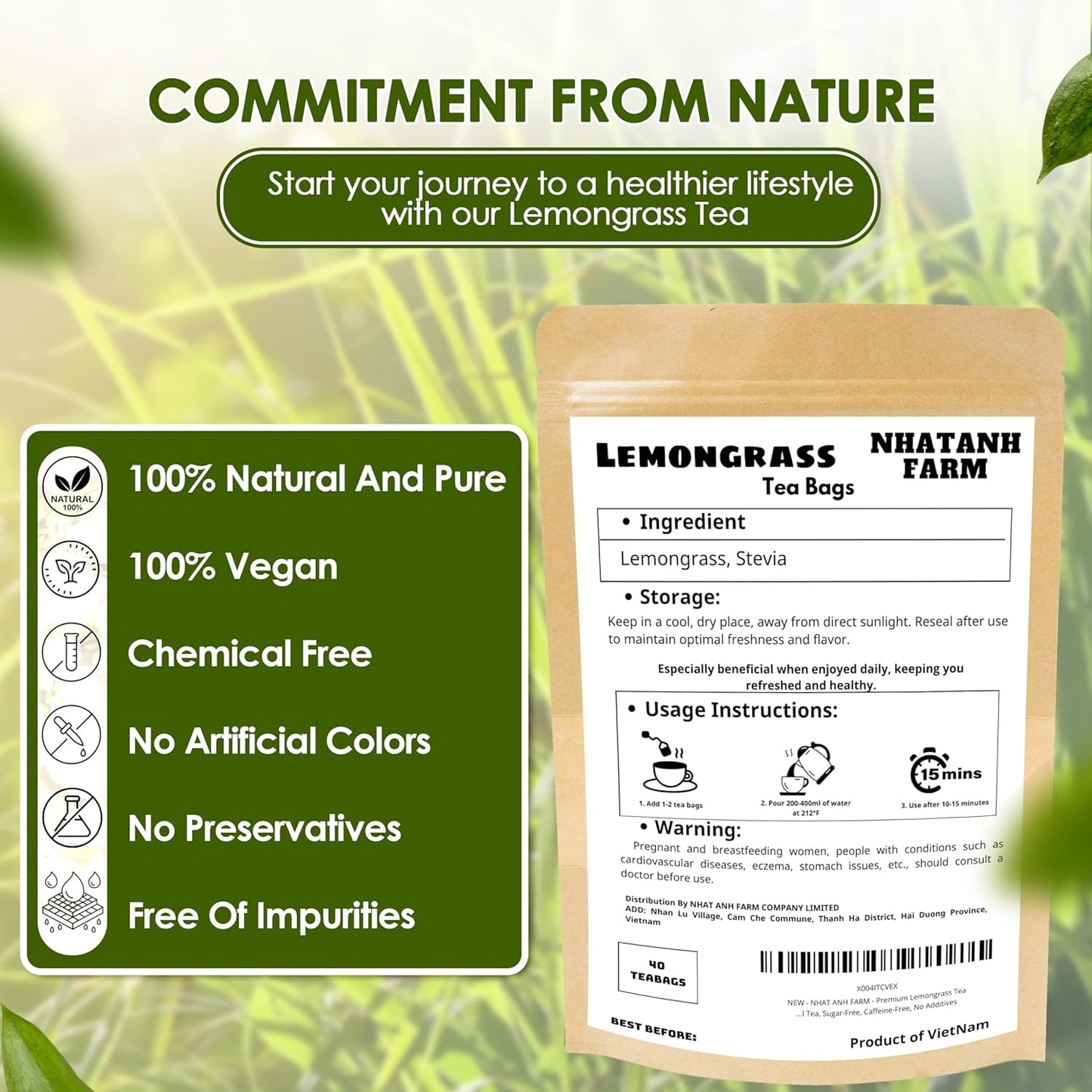 NHAT ANH FARM - Premium Lemongrass Tea Bags, 40 Lemongrass Tea Bags, 100% Natural Dried Lemongrass, Naturally Sweet Herbal Tea, Sugar-Free, Caffeine-Free, No Additives