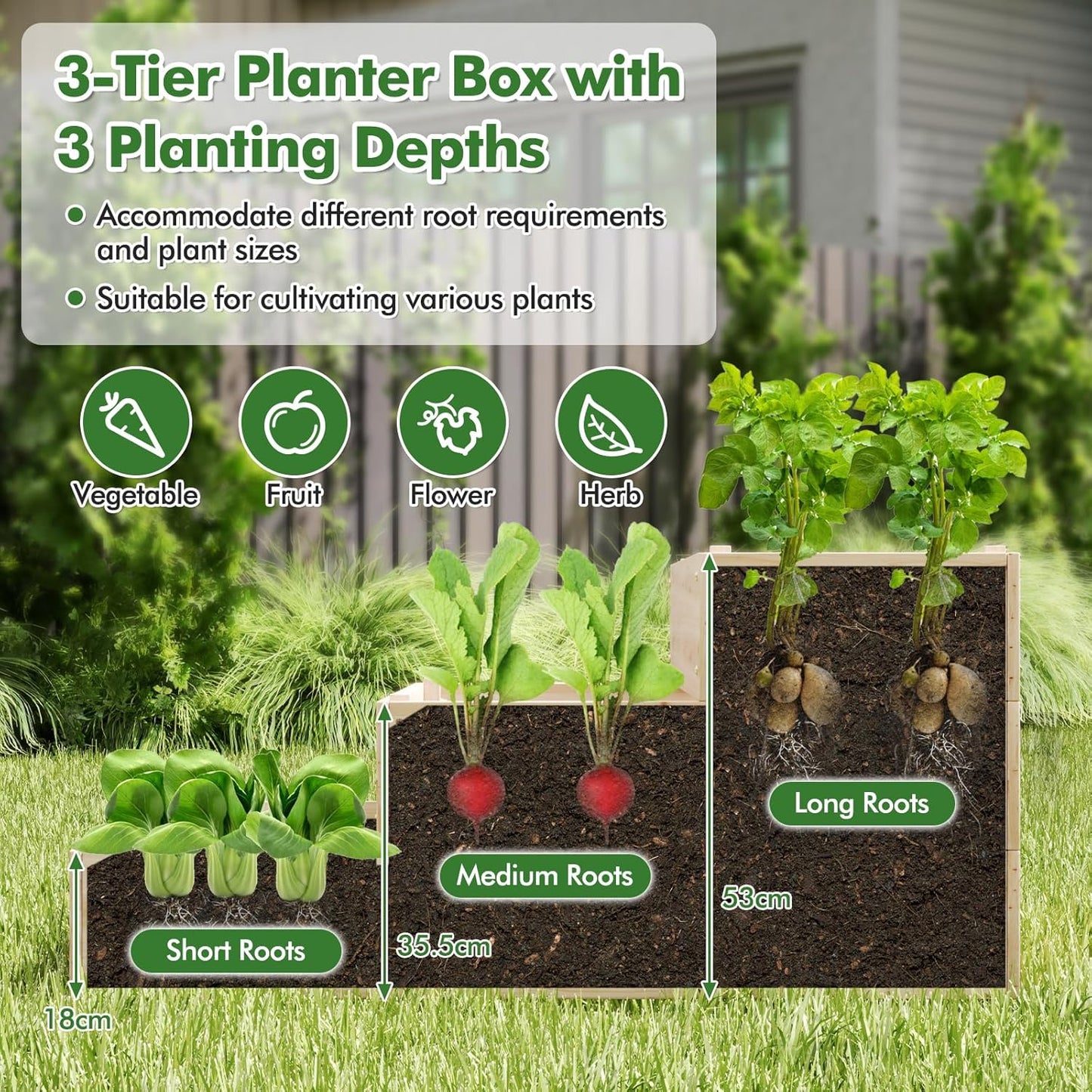 HAPPYGRILL 3-Tier Raised Garden Bed, Wooden Planter with Trellis & Open-Ended Base for Patio Yard Lawn, Outdoor Planter Boxes for Climbing Plants Vines Flower Herb Vegetable Fruit, 44” x 45” x 56”