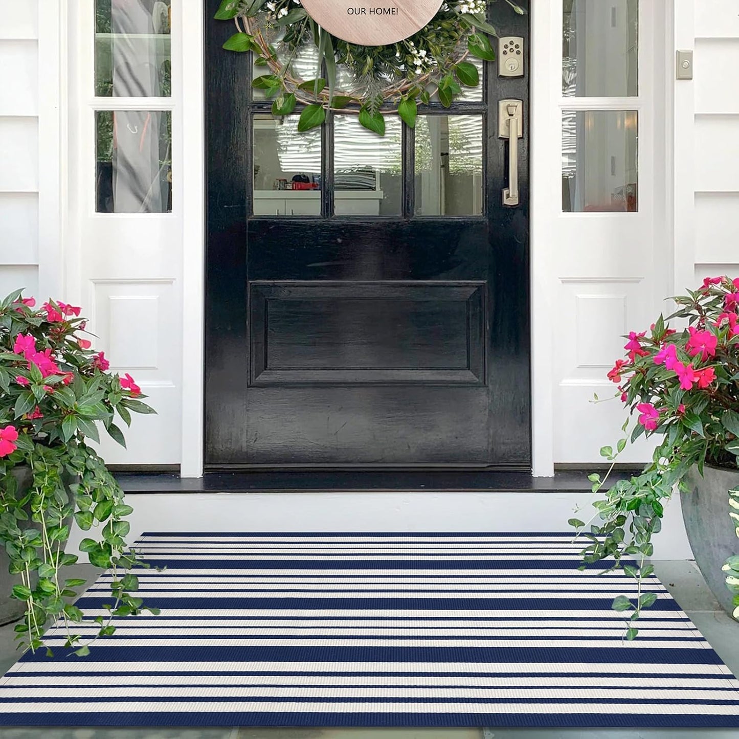 IOHOUZE Navy and White Striped Rug 2.3'x3.6' Front Door Rugs Outdoor, Small Washable Area Rug for Front Porch, Spring Summer Doormats Outdoor Indoor, Cotton Rugs for Entryway Porch Entrance