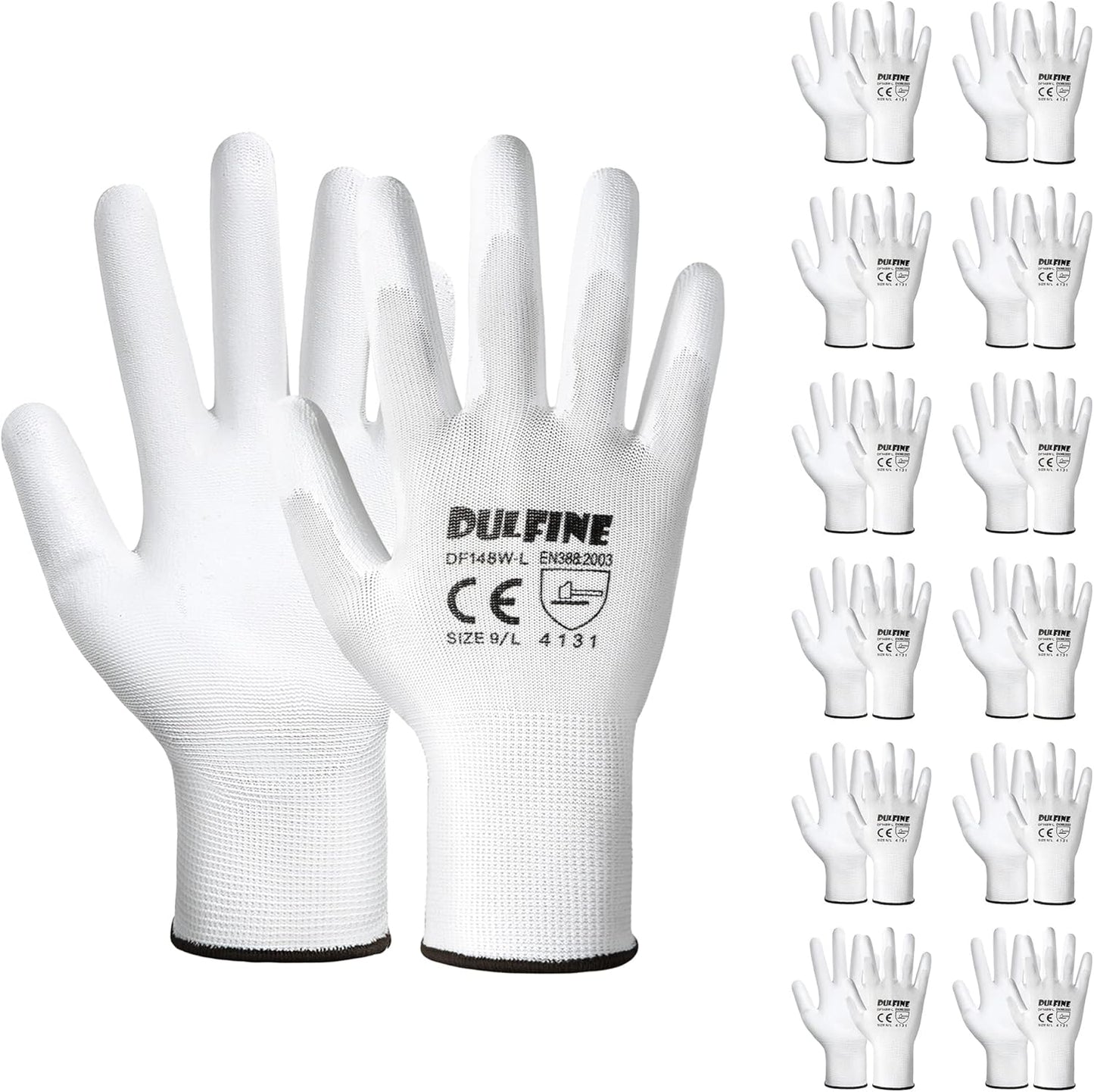 DULFINE Safety Work Gloves PU Coated-12 Pairs,White Seamless Knit Glove with Polyurethane Coated Smooth Grip on Palm & Fingers, for Men and Women, Ideal for General Duty Work (Small)