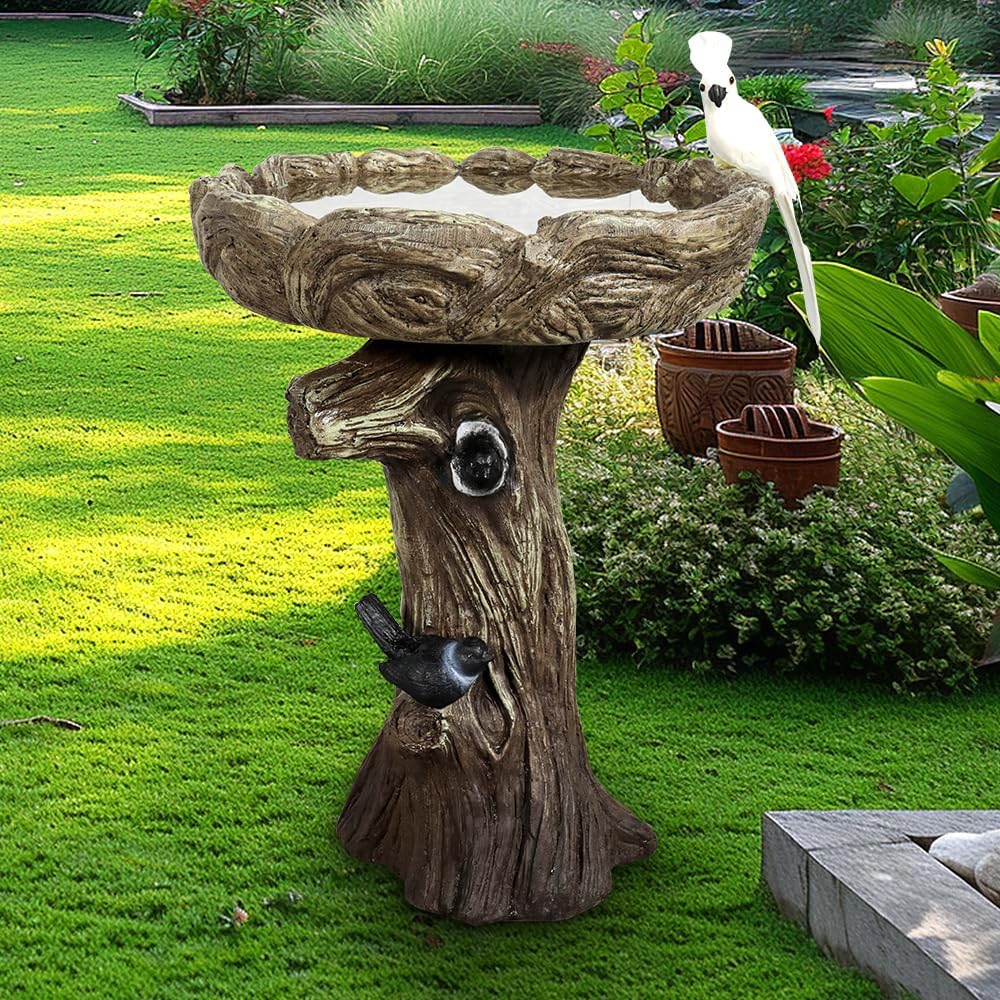 23" H Concrete Birdbath for Outdoor Garden with a Fake Bird Decor - Freestanding Trunk Like Bird Bath for Outside Garden Patio or Yard Decor