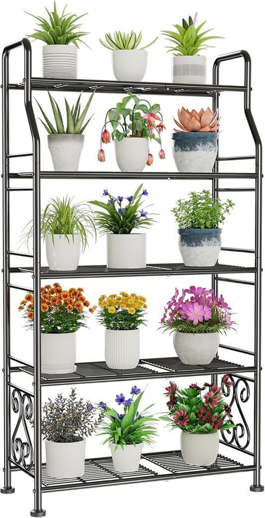 GIOTORENT Plant Stand Outdoor Indoor 5 Tier Metal Waterproof - 53.2" Plant Shelf for Patio, Balcony, Living Room, Large Capacity Tiered Plant Rack, Black