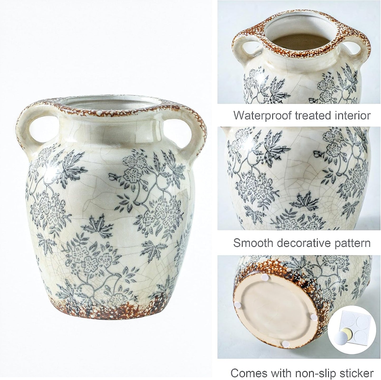 Enra Vintage vase with Handle,Blue and White Ceramic Decorative Flower vase, Chinoiserie Floral Vase,Large Rustic Vases for Home Decors, Living Room, Bookshelf, Office,7.8 in