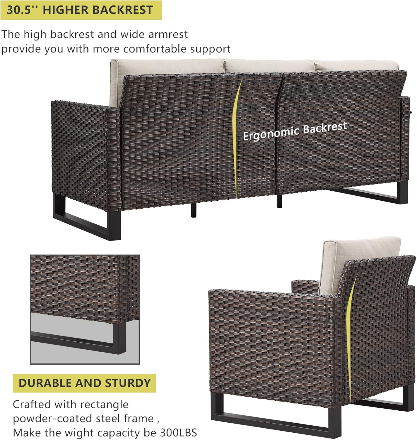 HUMMUH 10 Piece Patio Furniture Set PE Wicker 3 Outdoor Sectional Sofa Set with Patio Chairs Dinning Table Ottomans for Porch,Garden,Backyard,Deck(Brown/Beige)