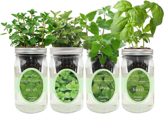 Hydroponic Herb Growing Kit Set, Self-Watering Mason Jar Herb Garden Starter Kit Indoor, Grow 4 Kinds of Herbs from Seeds (Catnip,Peppermint,Mint&Basil)