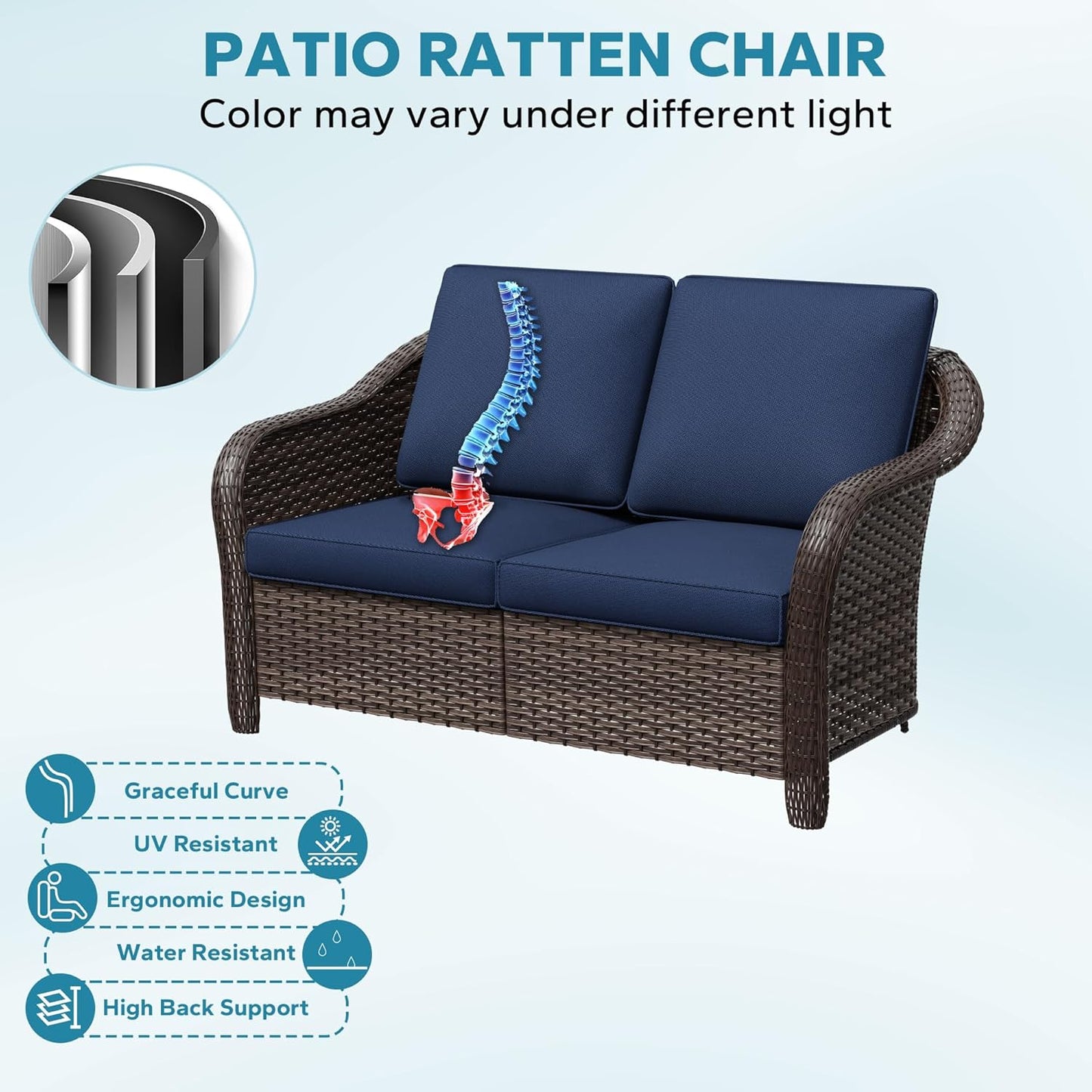 55" Outdoor Loveseat Wicker 2-seat Sofa with Removable Cushions, Conversation Patio Furniture, PE Rattan Couch, Steel Frame Couch with Cushions for Backyard, Deck (Navy Blue)