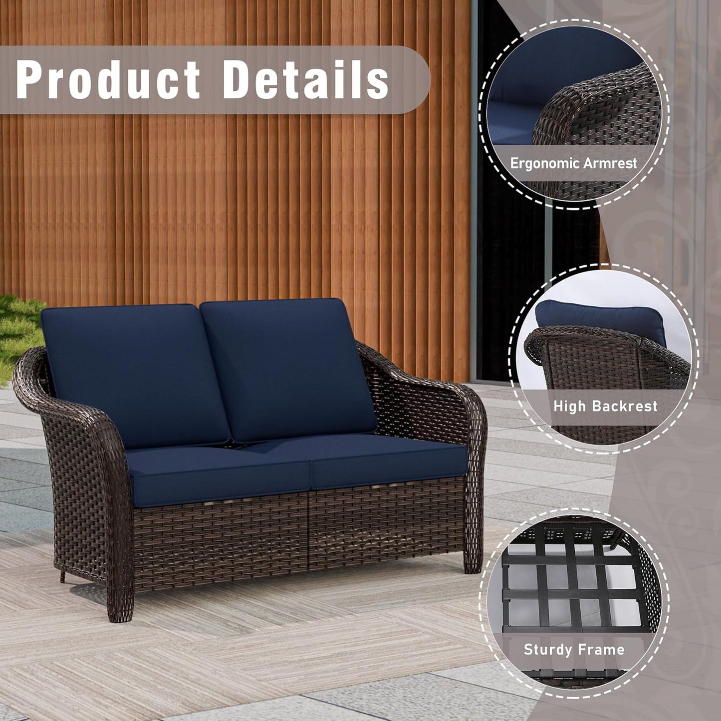55 inch Outdoor Wicker 2 Seater Sofa, All-Weather Use Patio Rattan Loveseat with Seat and Back Cushion, Ideal for Porch, Backyard, Balcony, Poolside, Blue