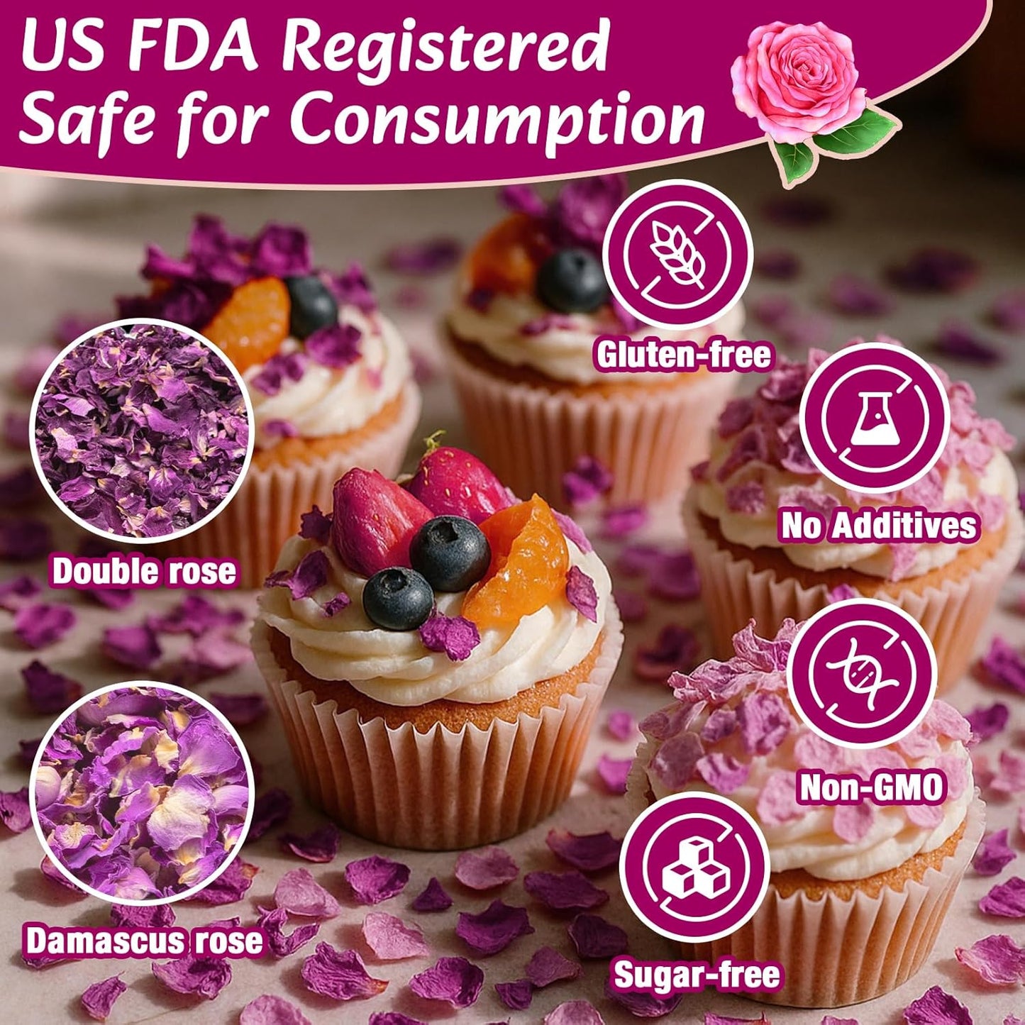 Fangkic Edible Rose Flower Petals for Cake, 2-Pack-0.5oz Each, 3AAA Food Grade Dried Double rose and Damascus Rose Flower Sprinkle for Baking, Cocktails, Tea, Soap –Gluten-Free, No Additives