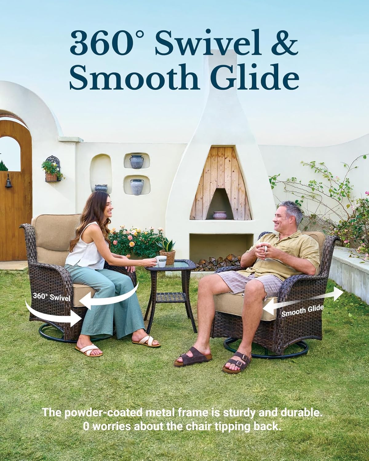 HILLGA Luxury Patio Furniture Set with 6-inch Thick Cushion, Outdoor High Back Swivel Rocker Patio Chairs, 6PCS Wicker Conversation Set for Deck Yard and Poolside, Beige (V2)