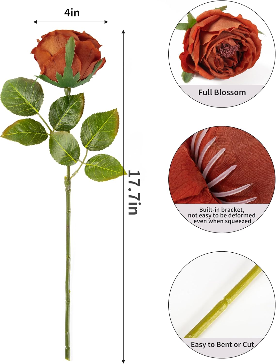 DuHouse 5Pcs Silk Roses Fake Burnt Orange Roses with Stems Real Touch Rose Artificial Flowers for Arrangement Wedding Party Home Decoration