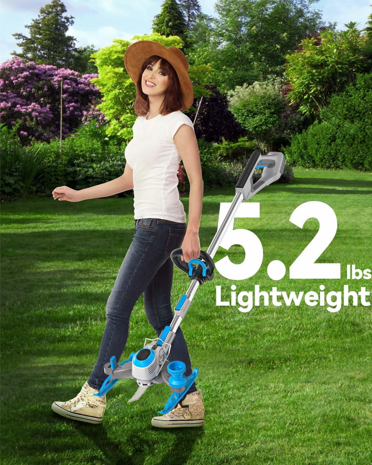 Weed Wacker Cordless, 20V MAX* Battery Powered, Runing Time 90mins, Weight only 5.2 lbs, Bladed Edger/Mower/Trimmer in 1 (with Two 2.5Ah Batteries)