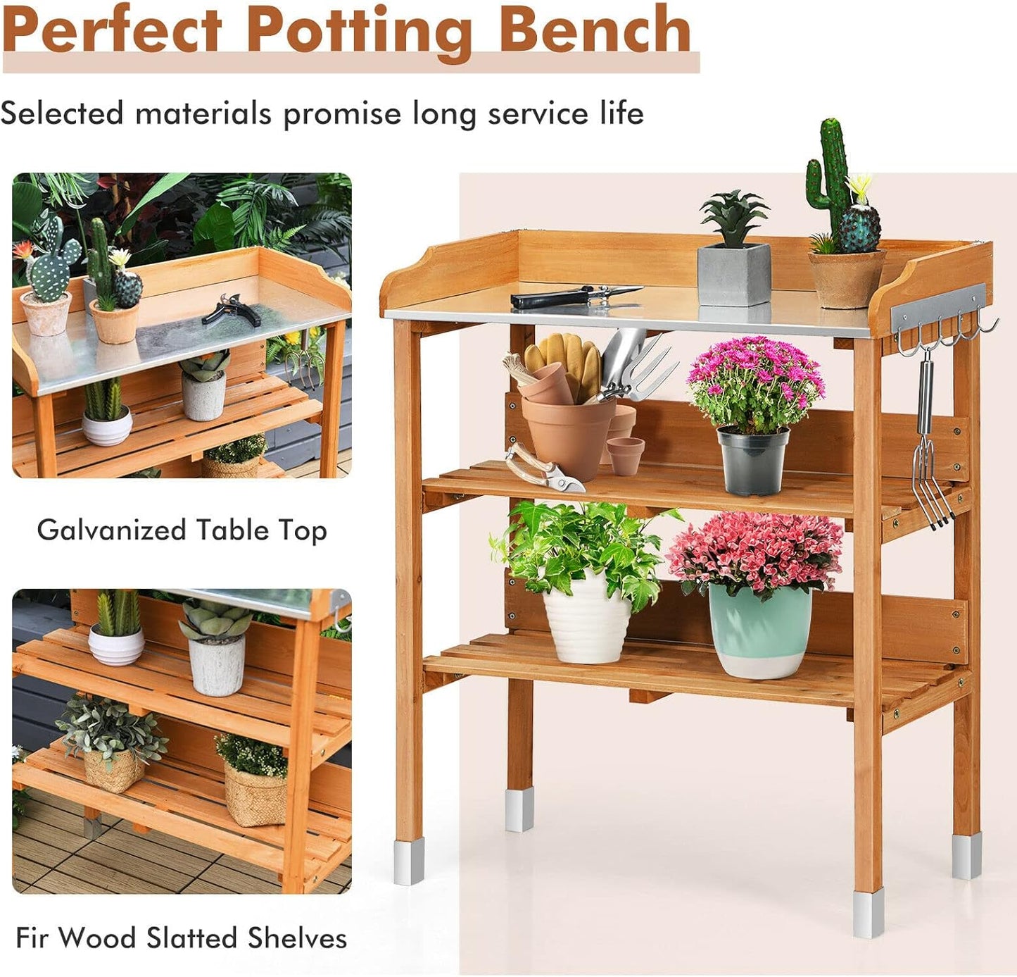 S AFSTAR Potting Bench, Work Station with Fir Wood Construction & Metal Tabletop, Garden Planting Table w/Open Shelves and Hanging Hooks, Gardening Table Potting Table for Outside Backyard Balcony