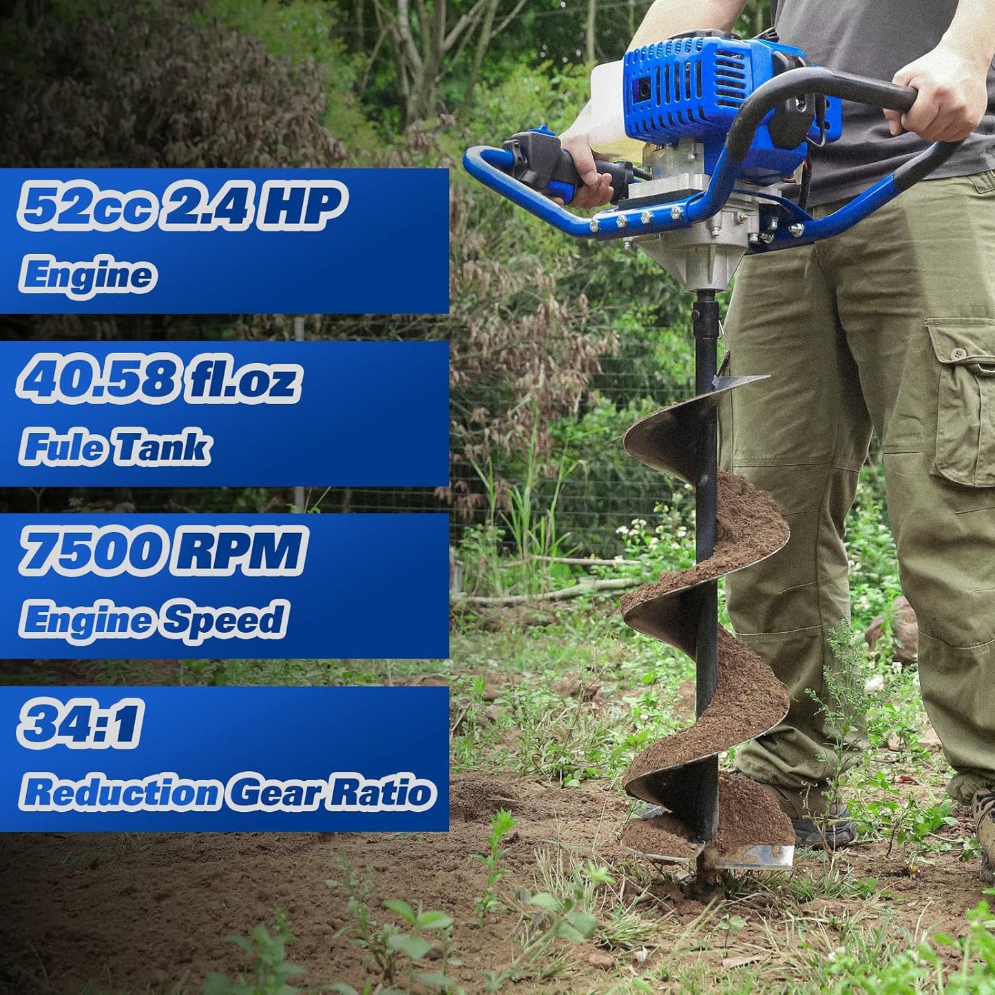 BILT HARD Post Hole Digger Gas Powered, 52cc 2.4 HP 2 Stroke Engine Earth Auger with 8" Drill Bit, EPA Compliant Post Hole Auger